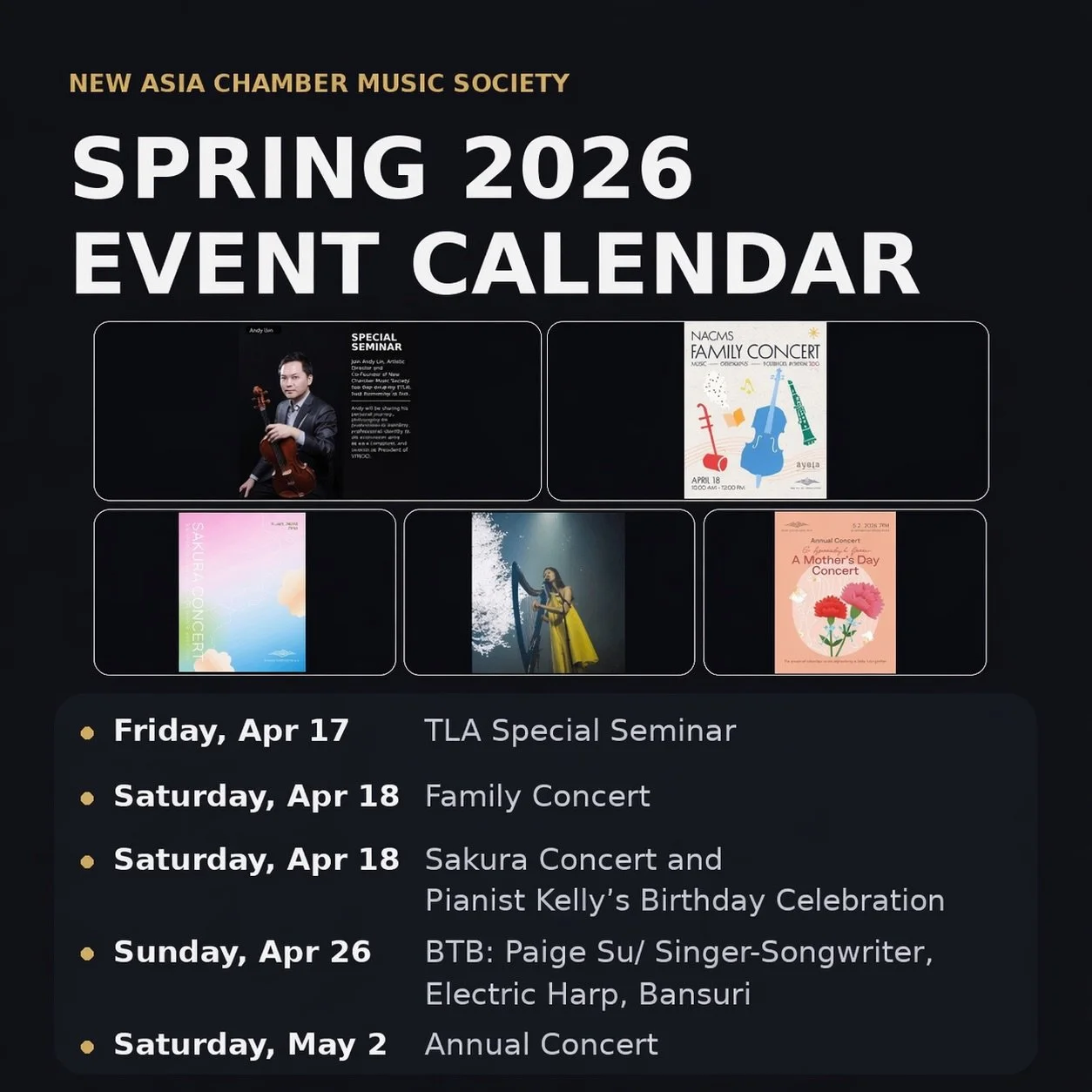 Spring is sounding beautiful 🌸✨ Save the dates for our New Asia Chamber Music Society Spring 2026 season:

Apr 17 &mdash; TLA Special Seminar
Apr 18 &mdash; Family Concert
Apr 18 &mdash; Sakura Concert and Pianist Kelly&rsquo;s Birthday Celebration
