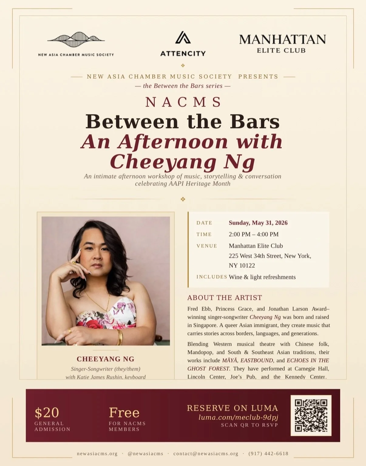 As we close out AAPI Heritage Month, we&rsquo;re thrilled to welcome award-winning singer-songwriter Cheeyang Ng @cheeyangmusic to our Between the Bars series for an afternoon of music, storytelling, and conversation celebrating Asian American voices