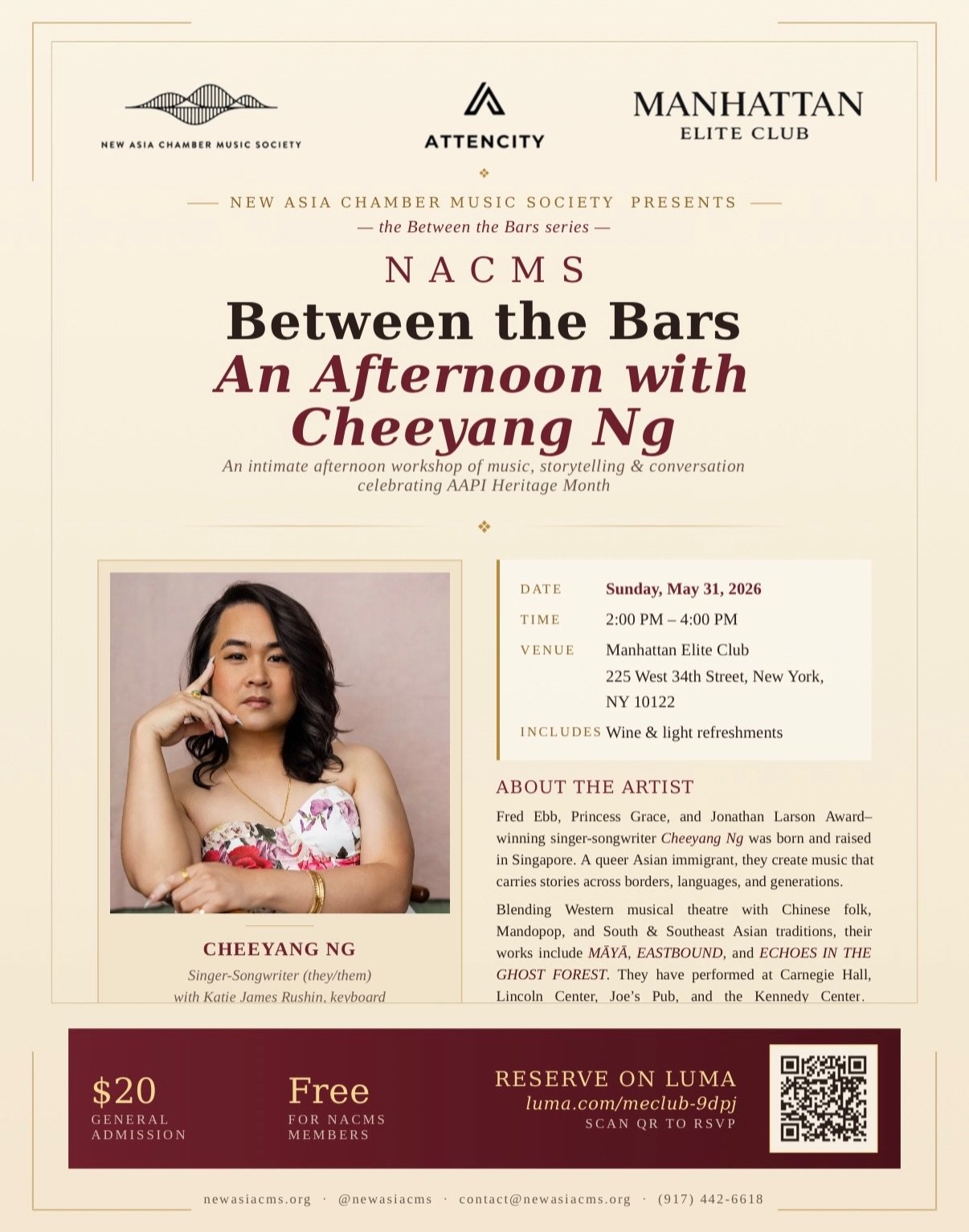 As we close out AAPI Heritage Month, we&rsquo;re thrilled to welcome award-winning singer-songwriter Cheeyang Ng @cheeyangmusic to our Between the Bars series for an afternoon of music, storytelling, and conversation celebrating Asian American voices