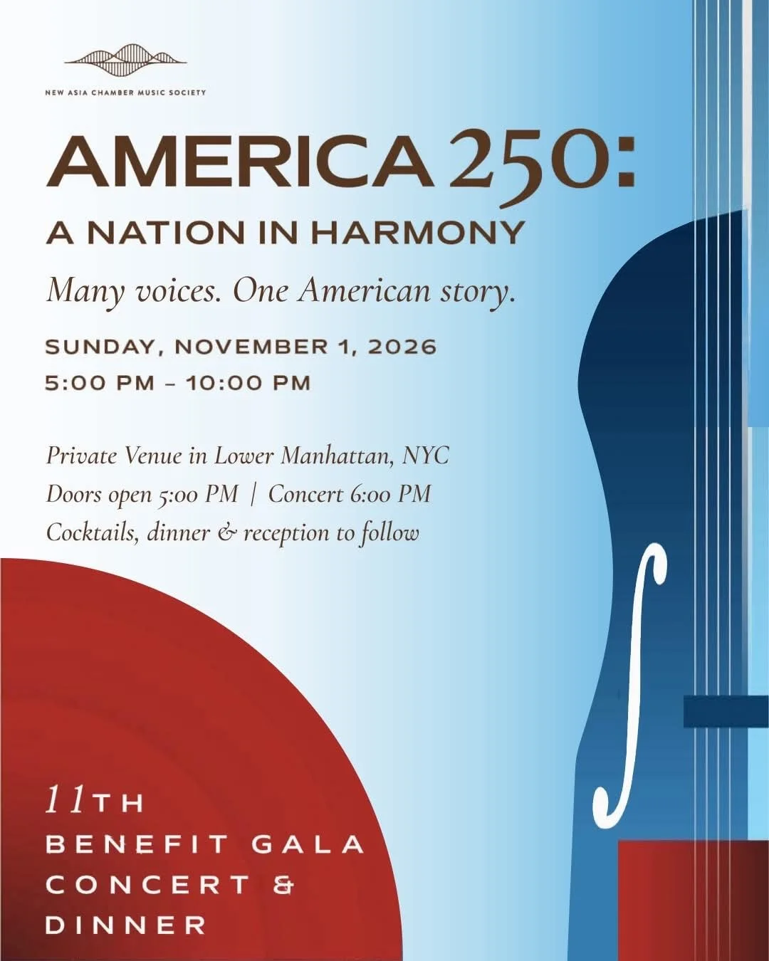 ✨ AMERICA 250: A Nation in Harmony ✨

Join us for the NACMS 2026 Annual Benefit Gala &mdash; an unforgettable evening of chamber music, celebration, and community in New York City.

📅 Sunday, November 1, 2026
🎶 Concert at 6 PM | Dinner &amp; recept