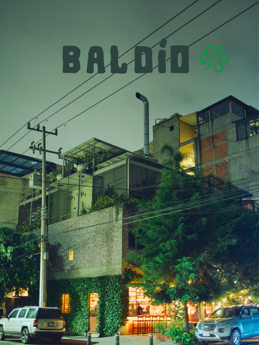 Night view of a modern building with a rooftop garden, illuminated windows, cars parked in front, and a street sign that reads 'Baliao' with a small green clover icon.