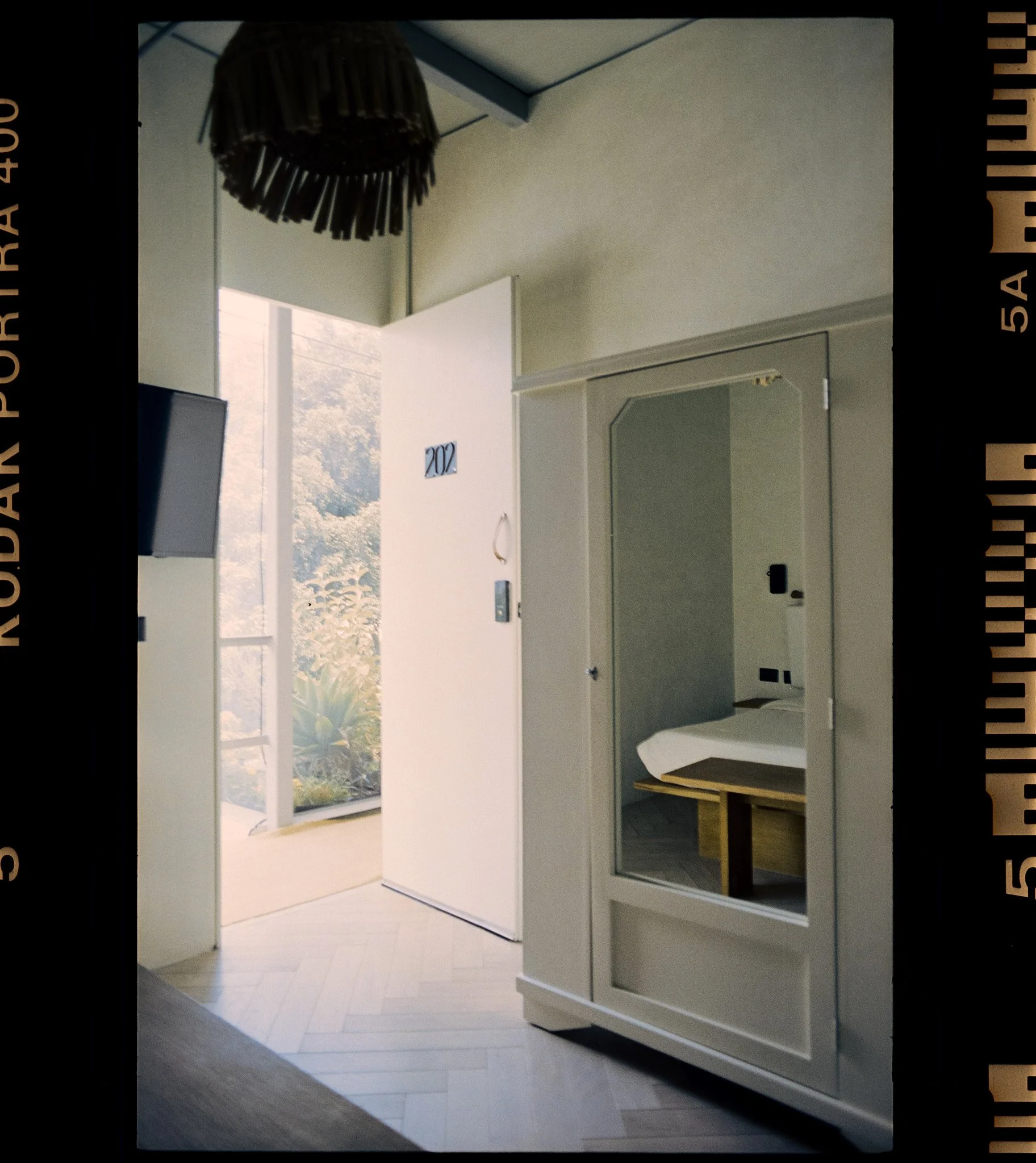 View of an open door with the number 202, leading to a room with a white shelf, a mirror, and a window showing trees outside, in a well-lit area with wooden flooring.