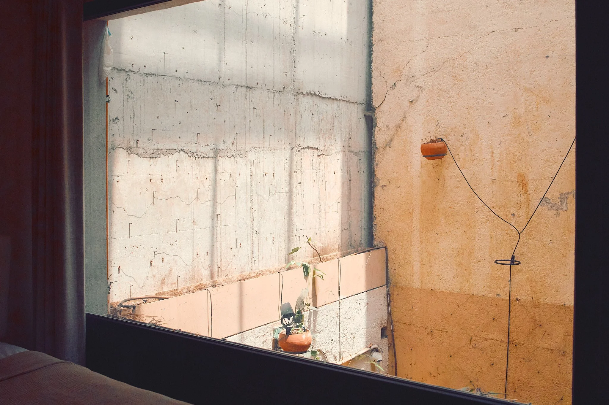 View of a small outdoor patio area through a window, with a potted plant hanging on a wall, and several small plants growing in pots on the ground.