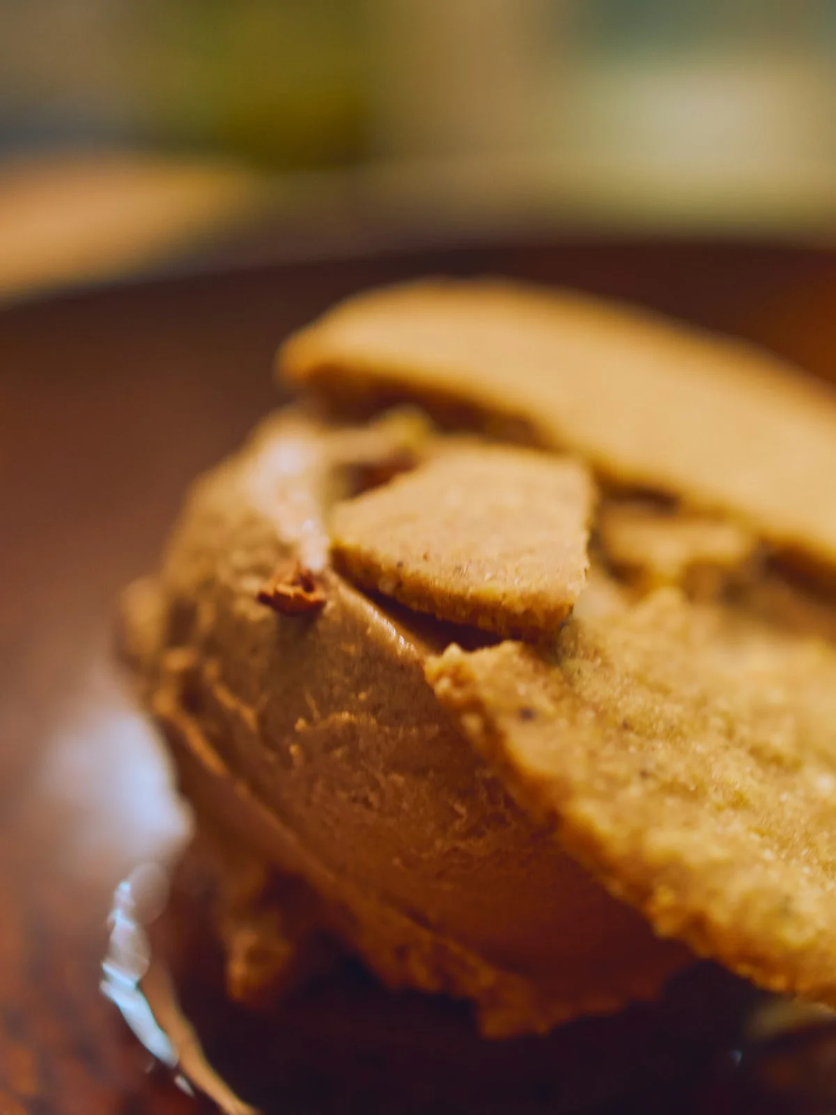 Close-up of a scoop of chocolate ice cream topped with sliced almonds.