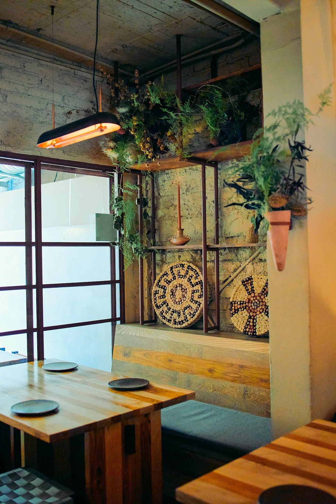 Interior of a modern restaurant with wooden tables, black cushions, and decorative plants on shelves and hanging from the ceiling, ambient lighting, and an industrial-style wall.