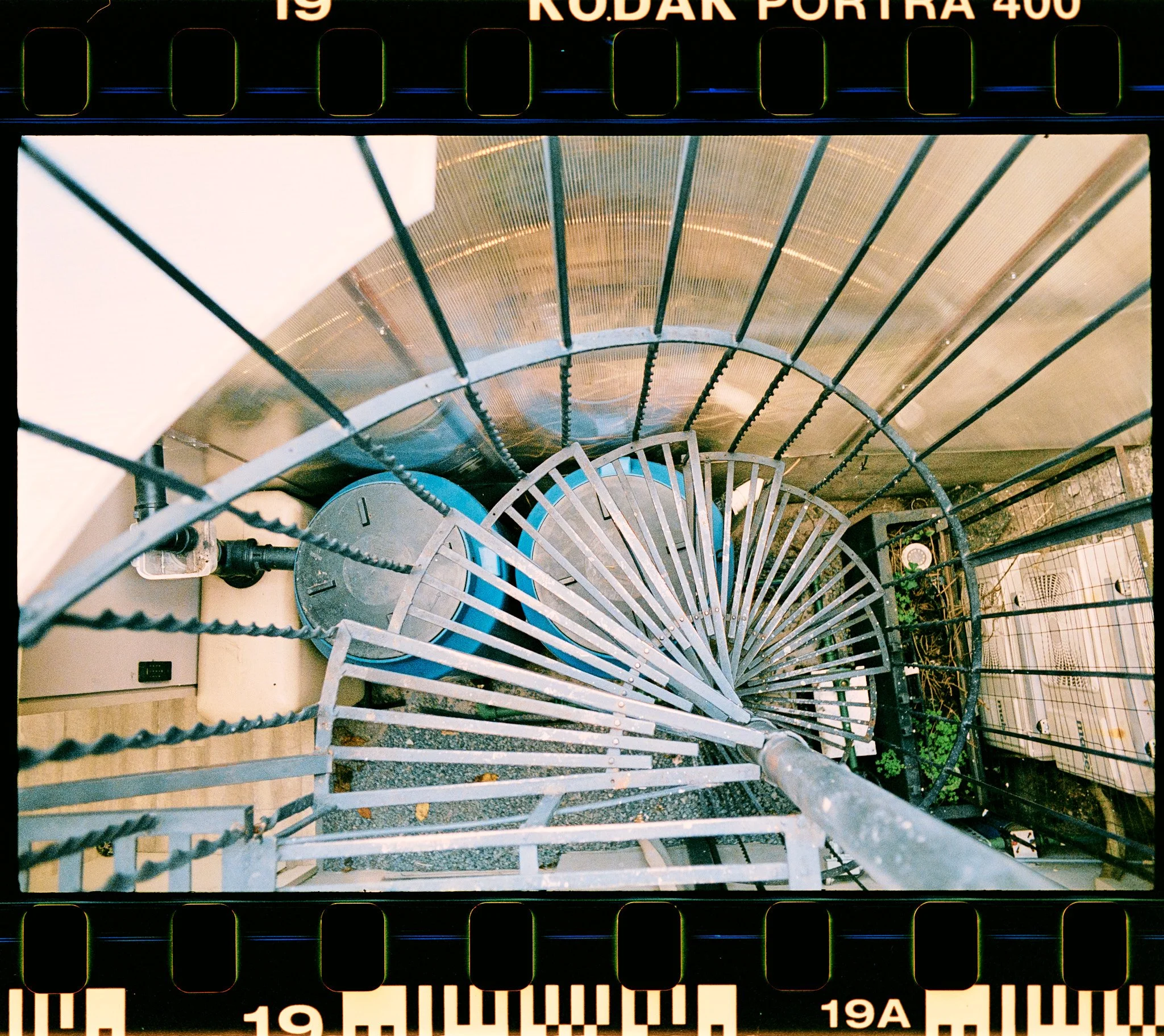 Looking down a spiral staircase with metal railings and steps, with an outdoor area and greenery visible at the bottom.