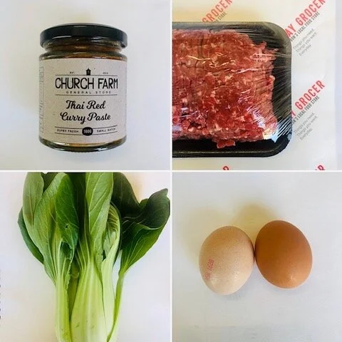 Spicy beef with wilted greens &amp; egg