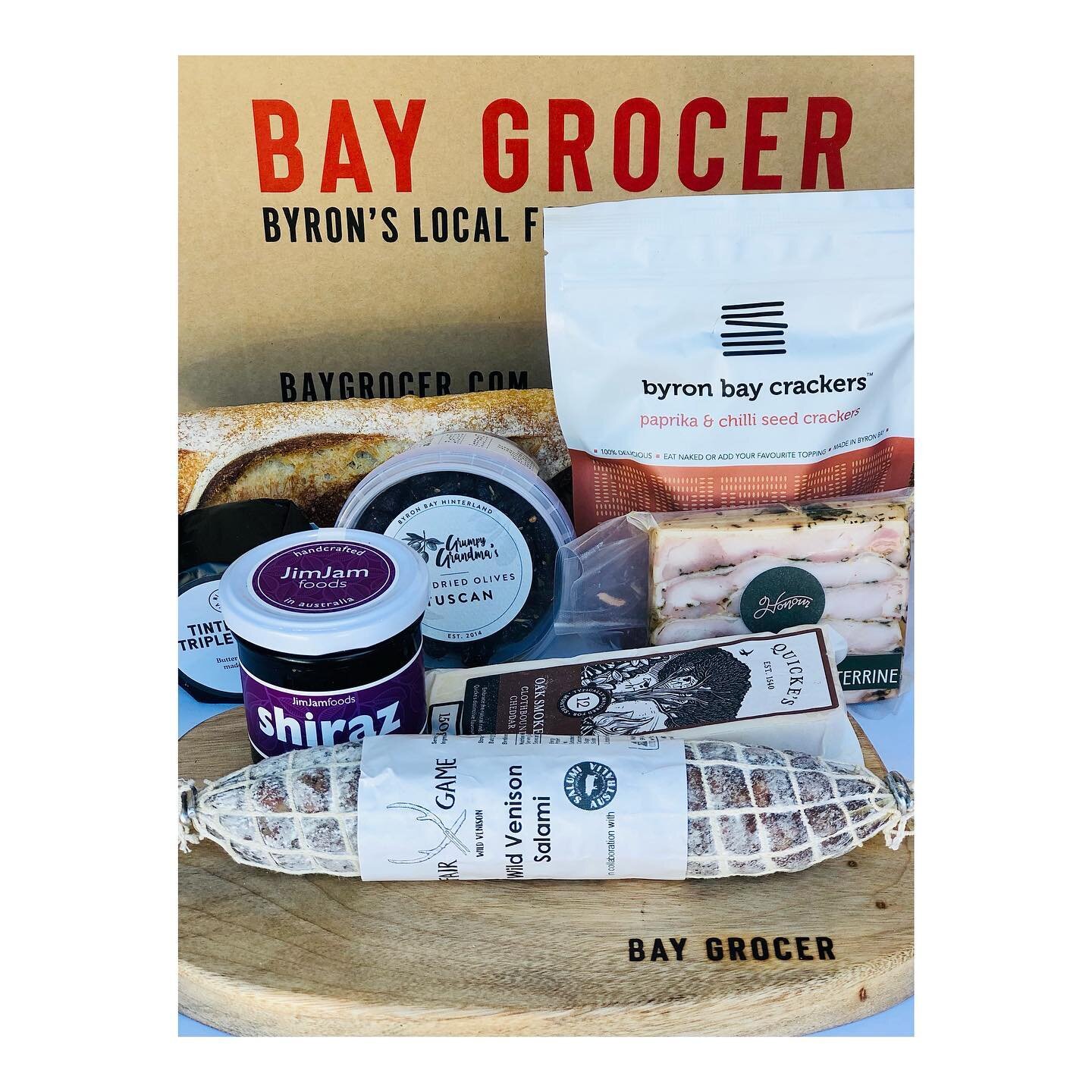 Cheese and charcuterie&hellip;this handsome $125 bundle gets you a Bay Grocer ego board amd all the fab things to eat off it. Venison salami @fairgamewildvenison, @byronbaycrackers, the stunning new chicken terrine from @honourbrunswickheads and of c