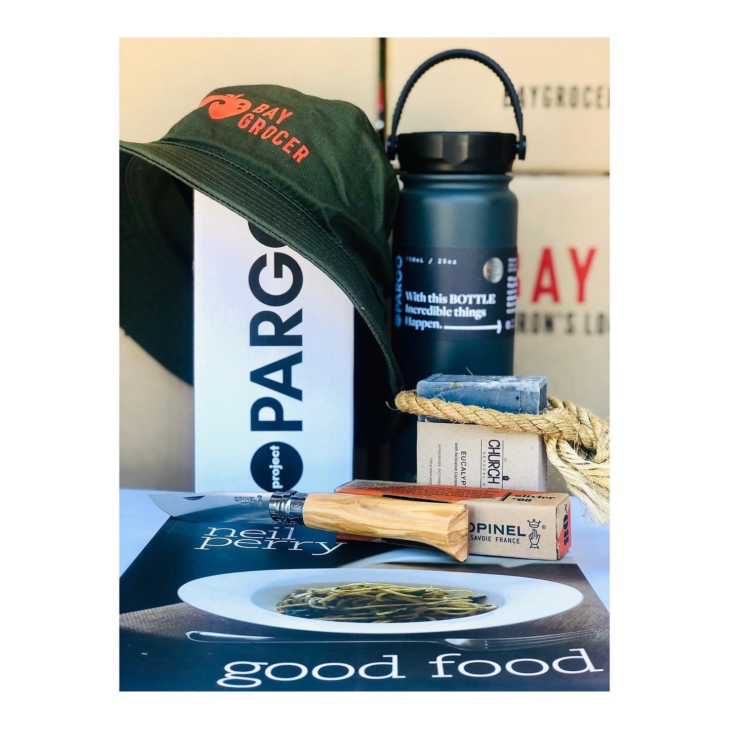 The ultimate dad hamper! Pargo bottle. Bay Grocer bucket hat. Opinel knife. Neil Perry cookbook. Church Farm General Store blokey eucalyptus soap. &lsquo;Cos he&rsquo;s worth it! #dad #fathersday #byronslocalfoodstore #byronbay