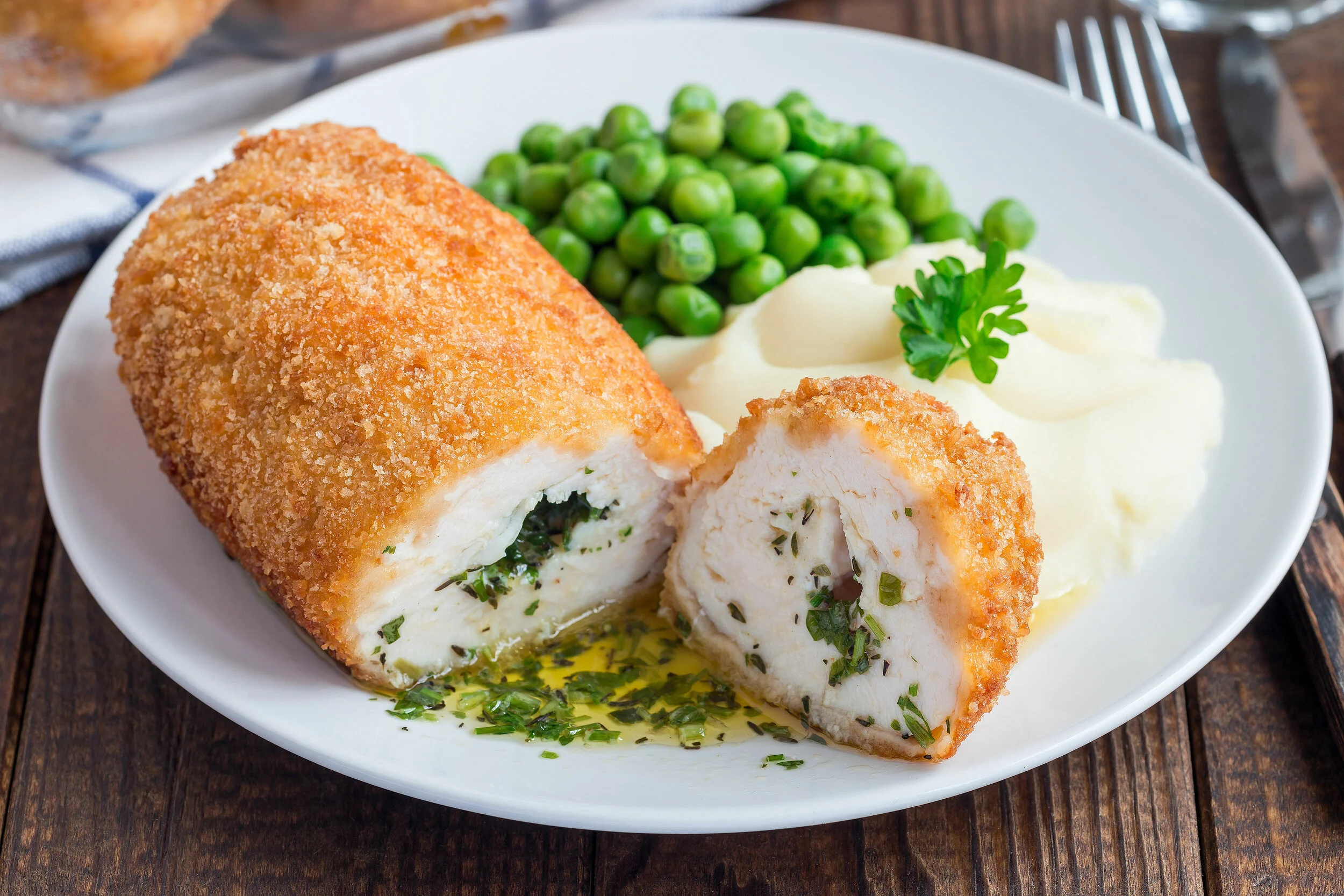 Garlic Butter Stuffed Chicken with Mashed Potato and Steamed Greens