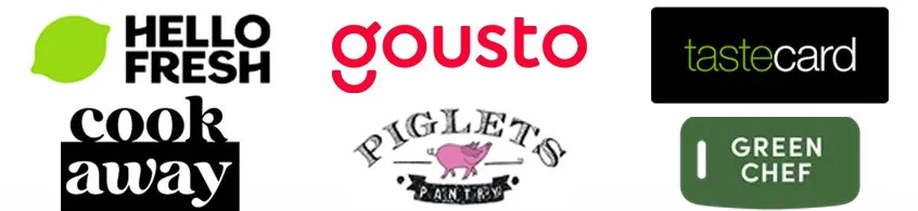 Hello Fresh, Goustou, Tastecard, Cook Away, Piglet's Pantry and Green Chef Logos