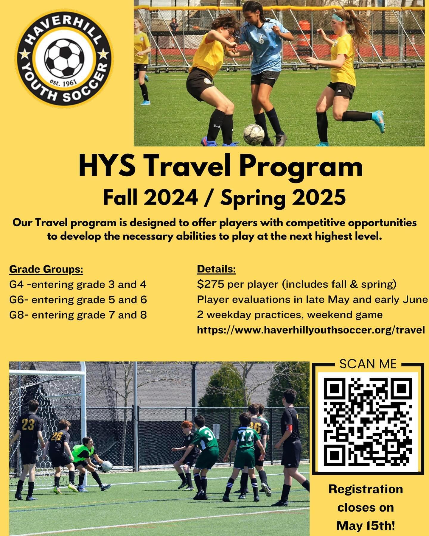 TRAVEL registration is open for the 24-25 season! 
Fall 2024 entering grade 3 through grade 8. 
For more information visit: 
www.haverhillyouthsoccer.org/travel
Register here: https://go.teamsnap.com/forms/426432