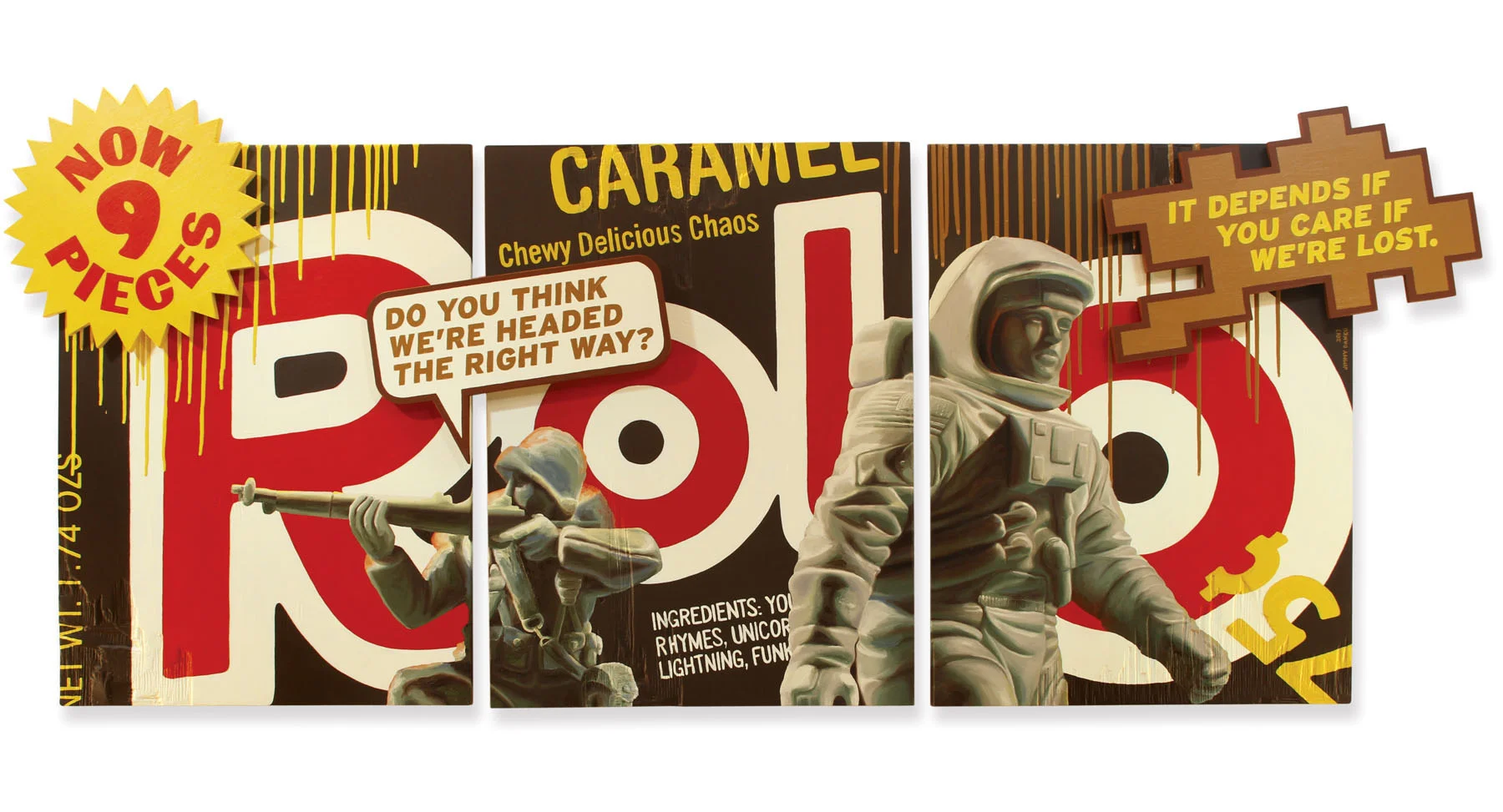 Rolo caramel candy oil painting with plastic army man and plastic toy astronaut.