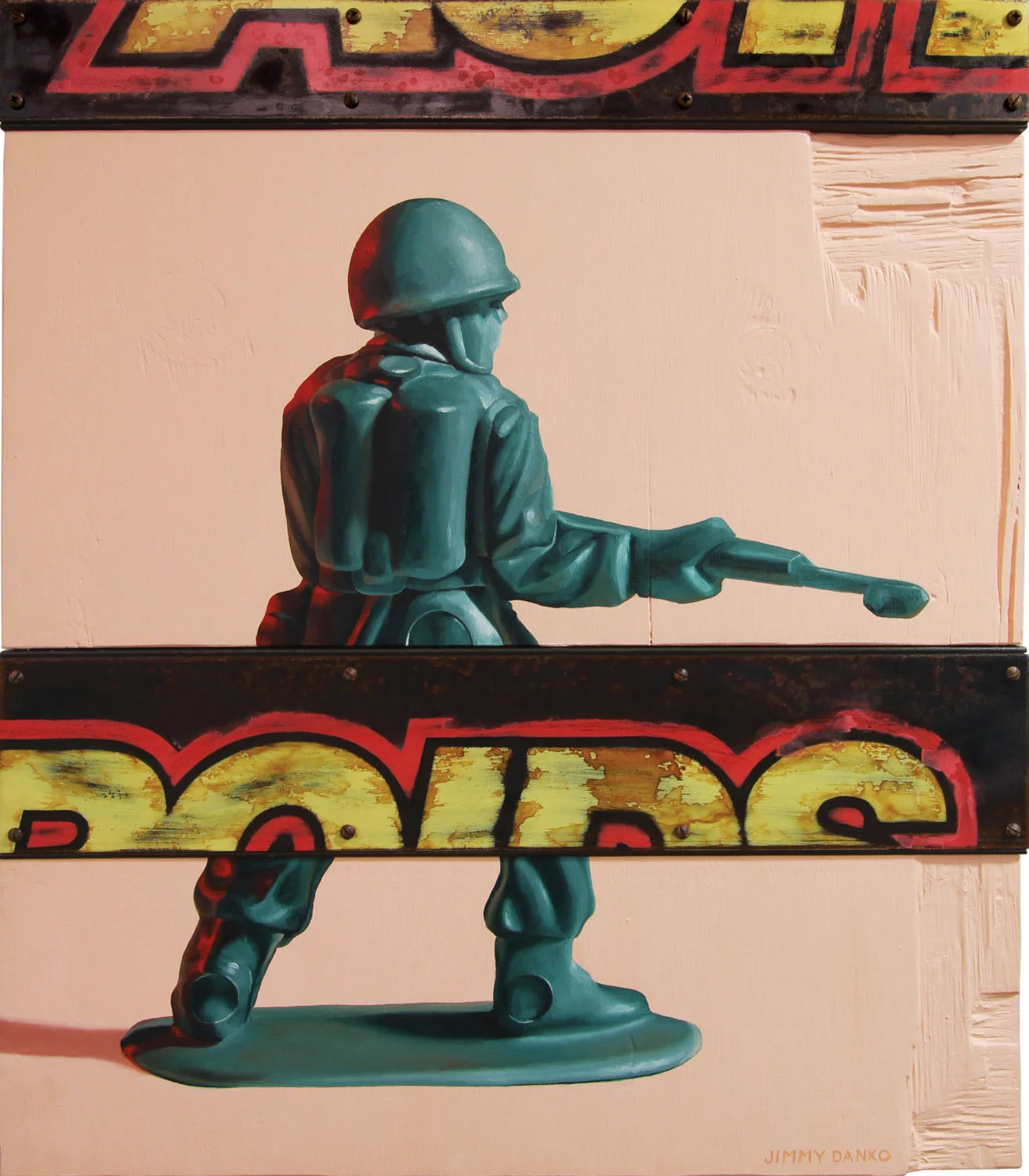Oil painting of a plastic green army figure.