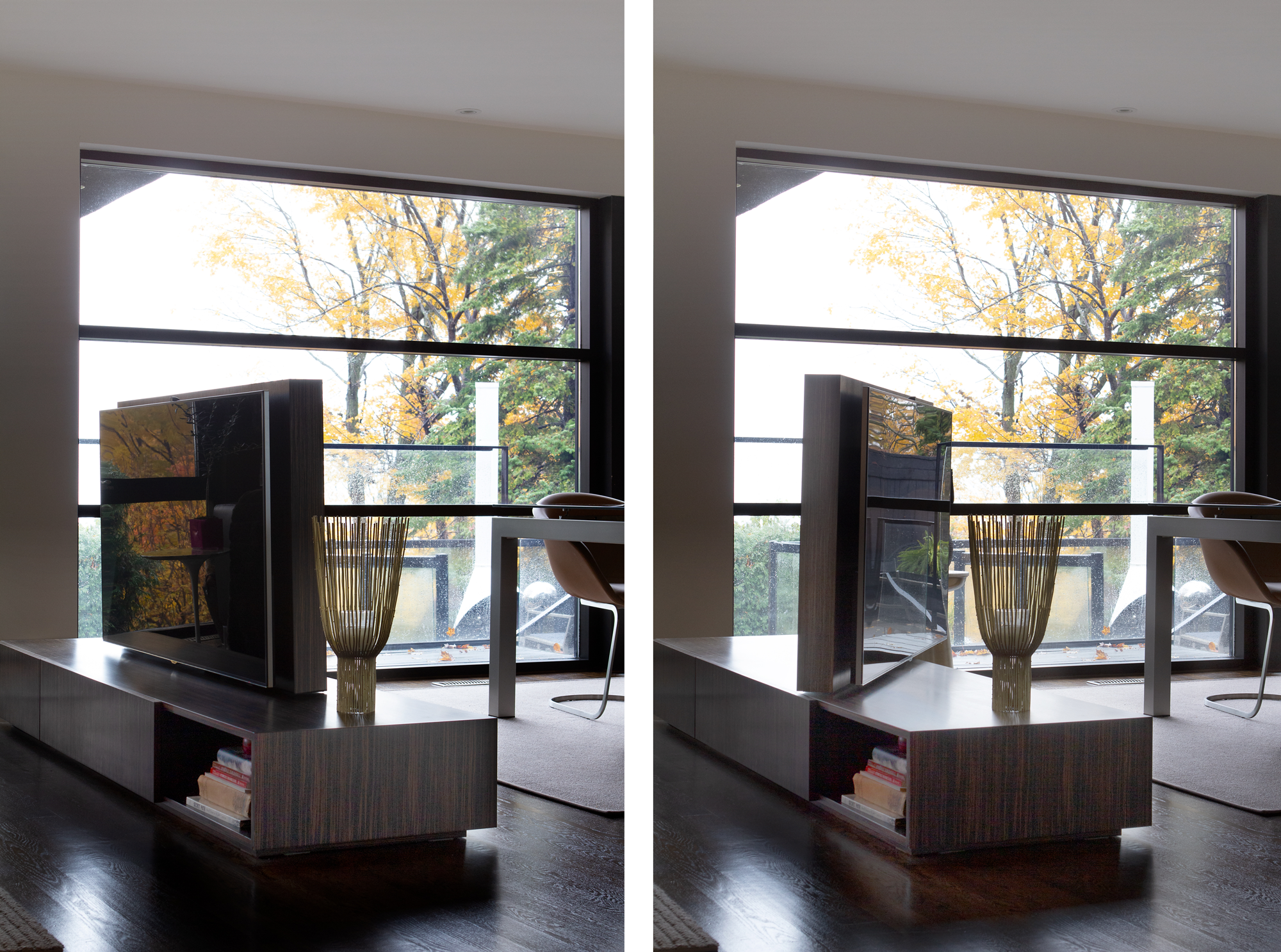 The client wished to view the television from both the living room and dining room. If the TV was located on the living room wall rather than between the living and dining areas, the seating arrangement would not face the lake. To facilitate viewing the TV from both areas as well as providing a lake view, a custom entertainment unit was designed with a swivel mount for the television.