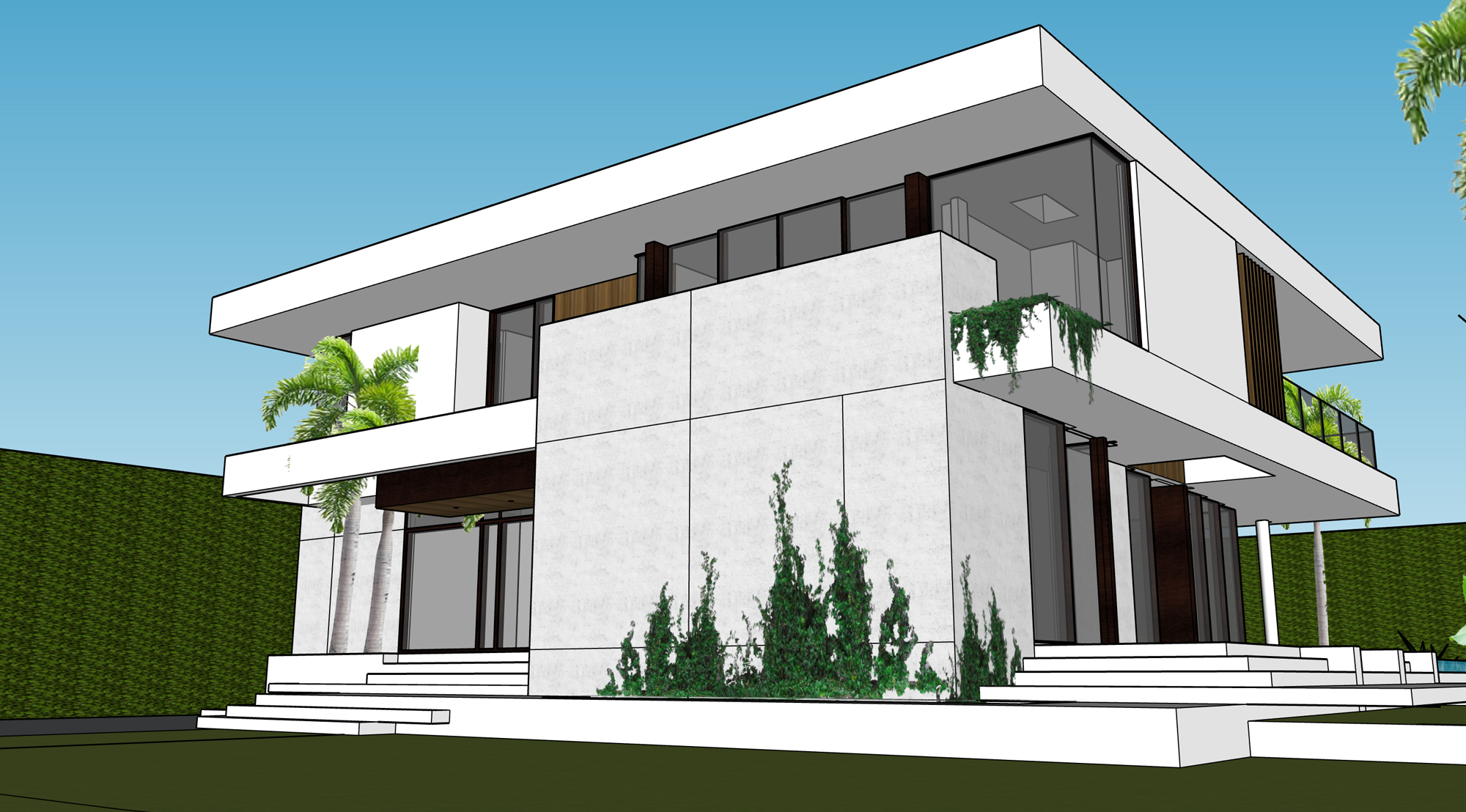 A balcony accessed from a front-facing bedroom has a solid partition, which is a visual extension of the front wall, providing privacy from the street.