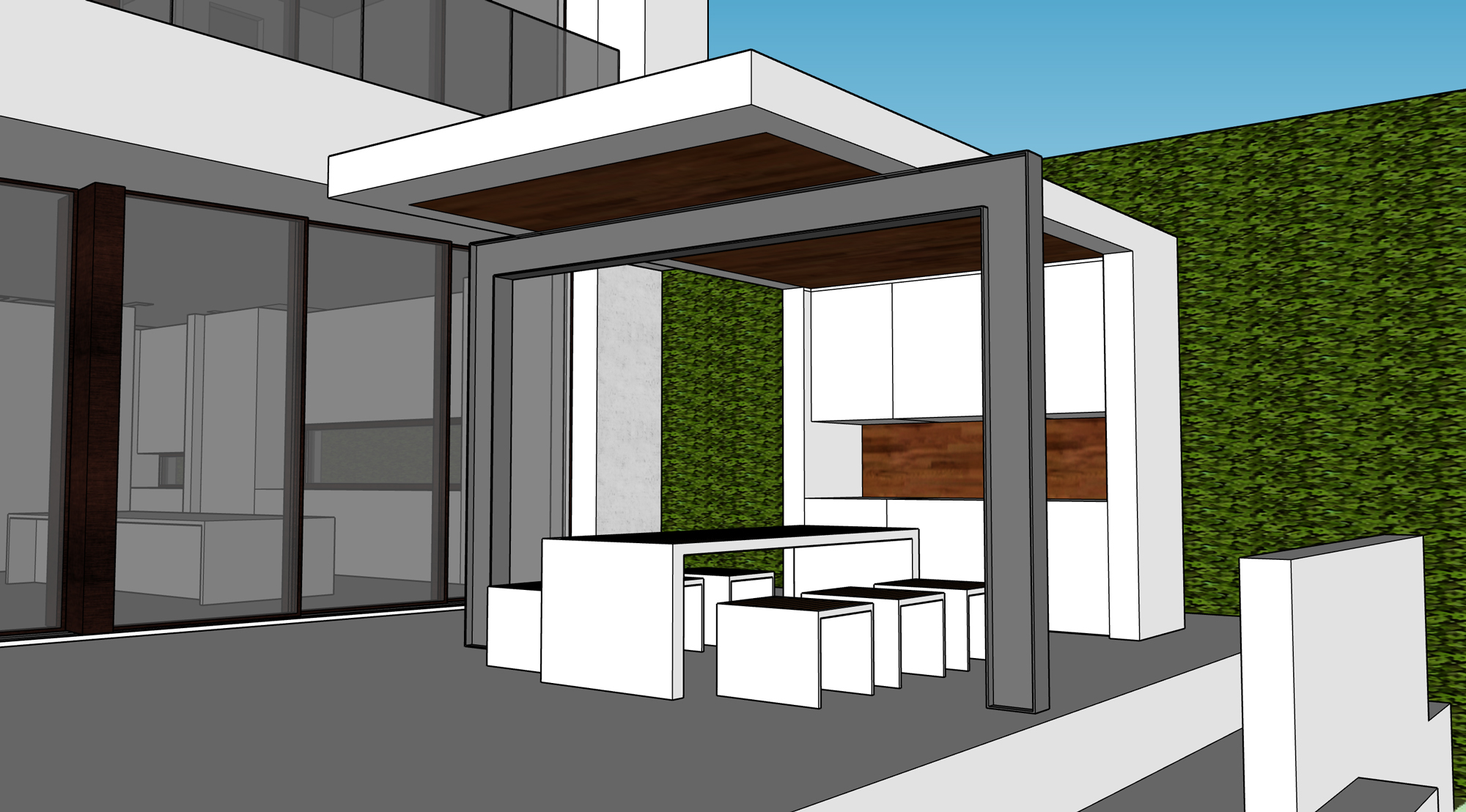 The BBQ/pool pavilion adjacent to the kitchen provides convenient access and shade.