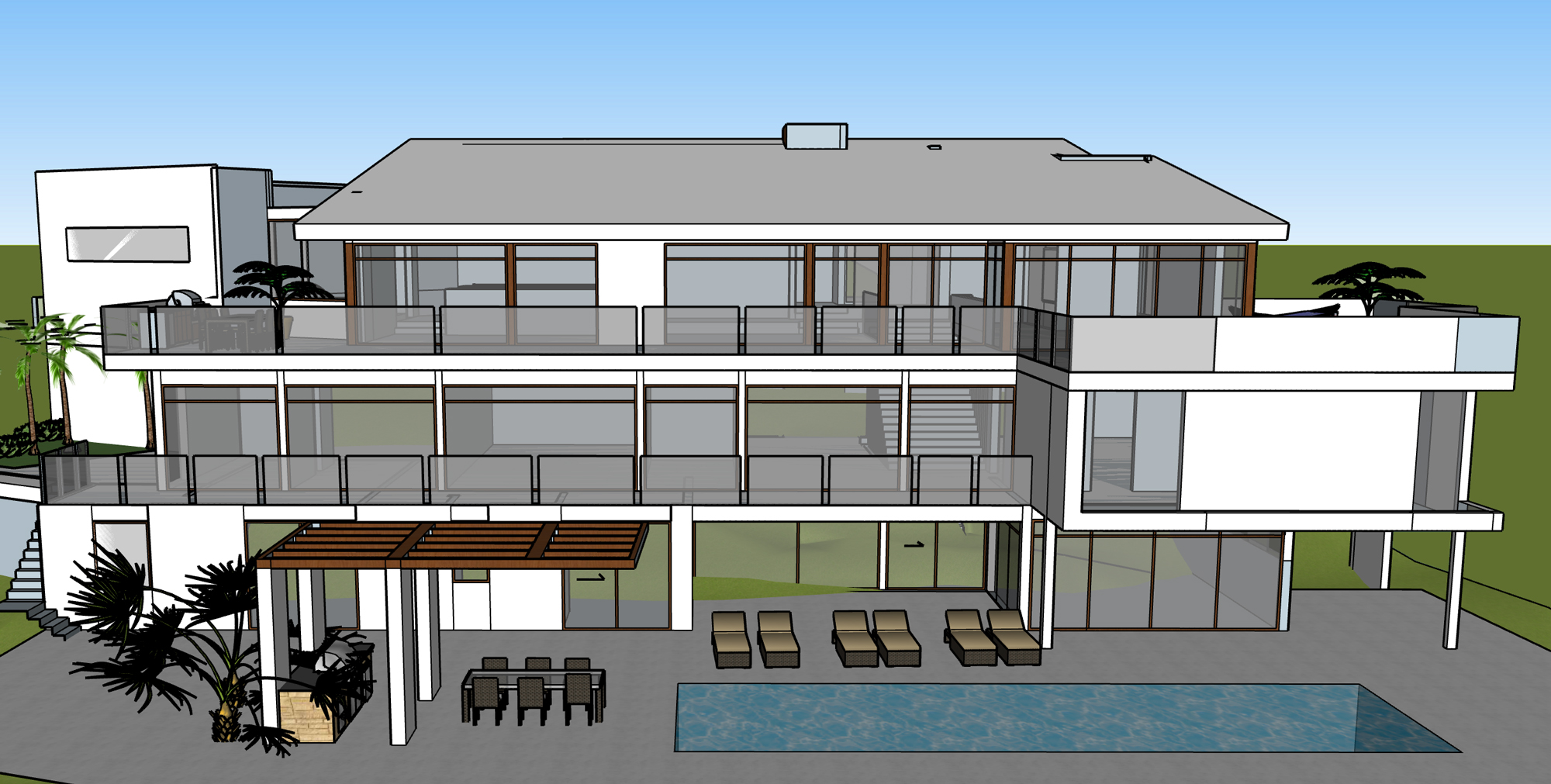 Large terraces overlooking the swimming pool and ocean are accessible from the main floor living areas and and the lower bedroom levels.