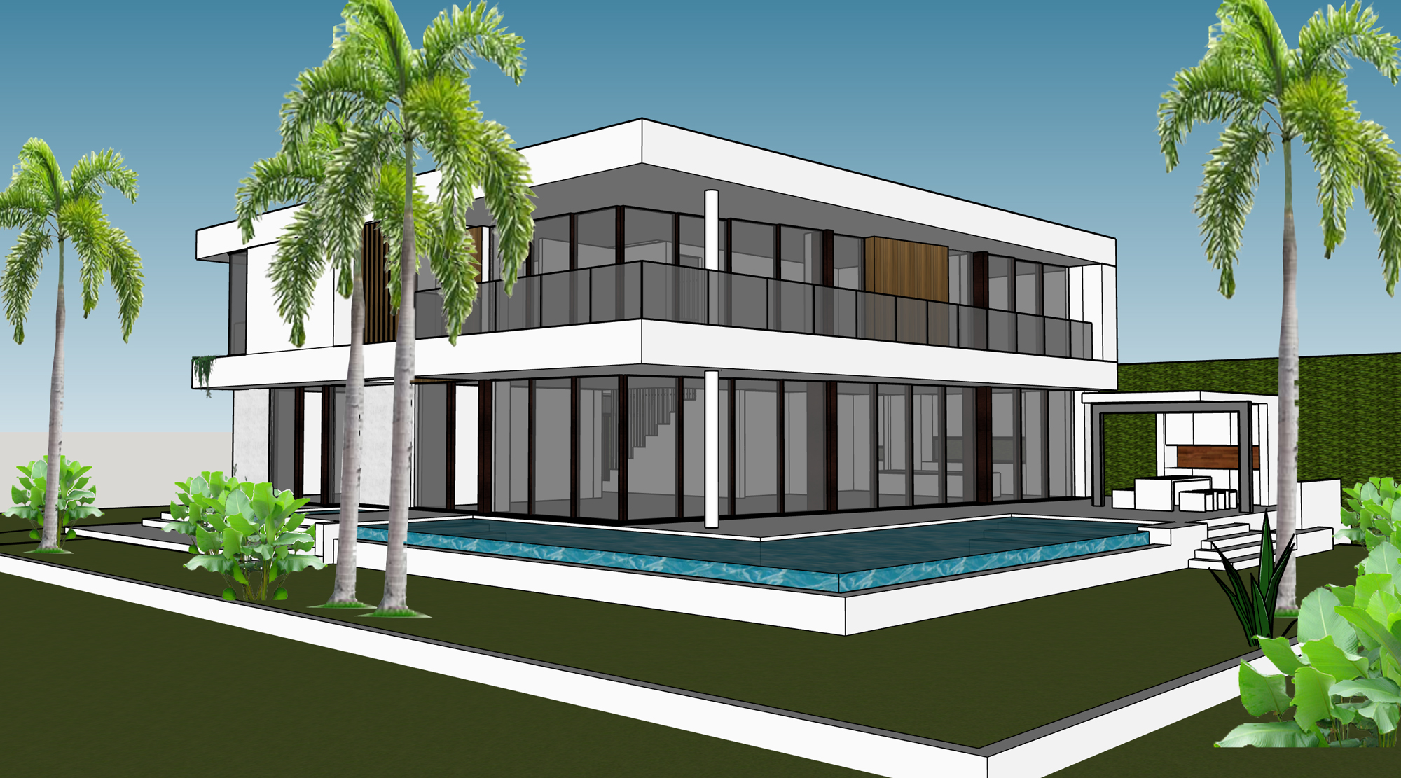 Seamless integration between the indoors and outdoors is achieved with sliding/stacking glass panels that open up the rear living area. The corner of the living room can completely open up to connect directly to the L-shaped infinity pool that wraps around the living room and pool deck.