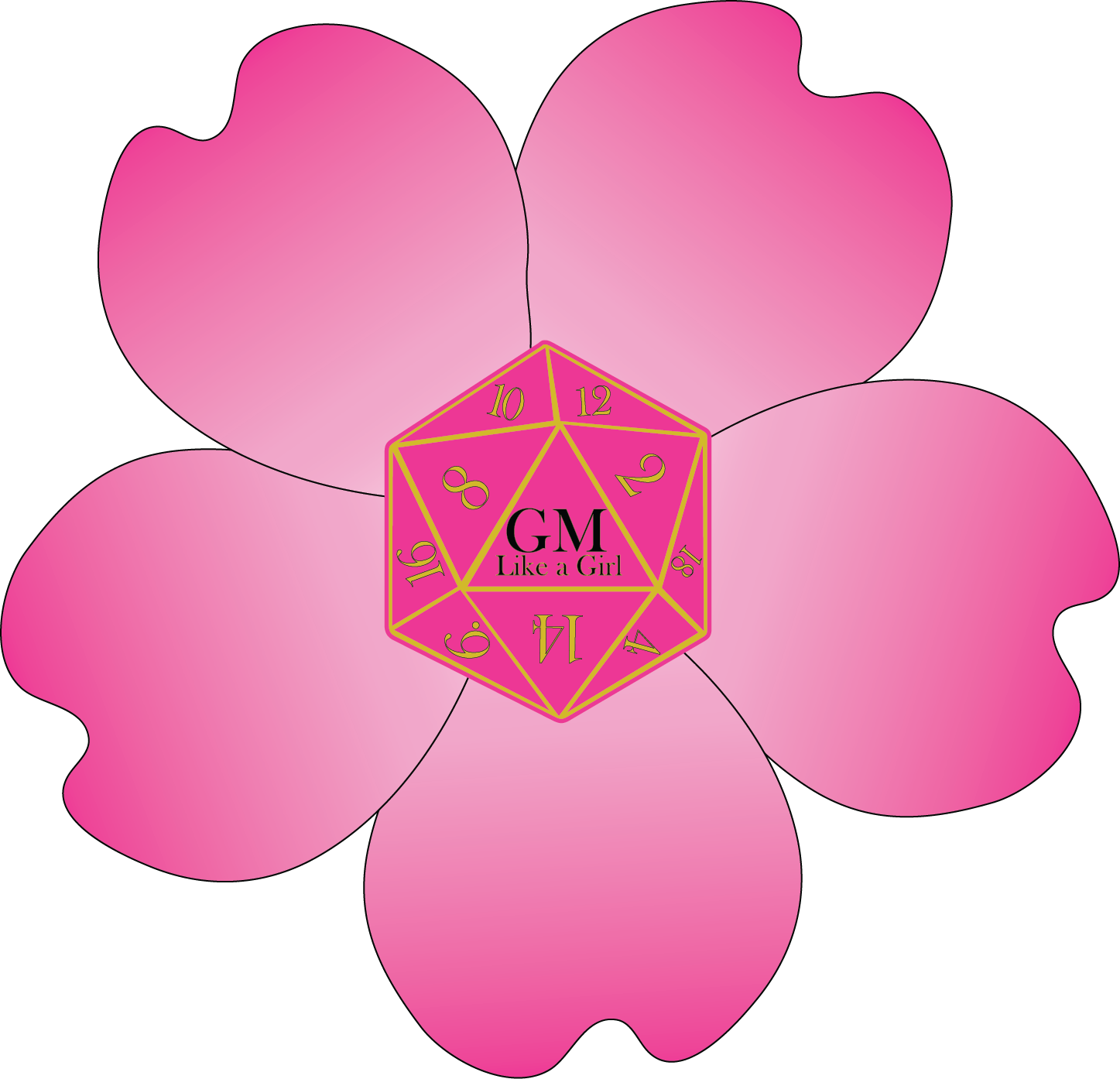 A pink d20 with yellow edges and numbers with GM Like a Girl written where the "20" would be in the middle of a pink cherry blossom.