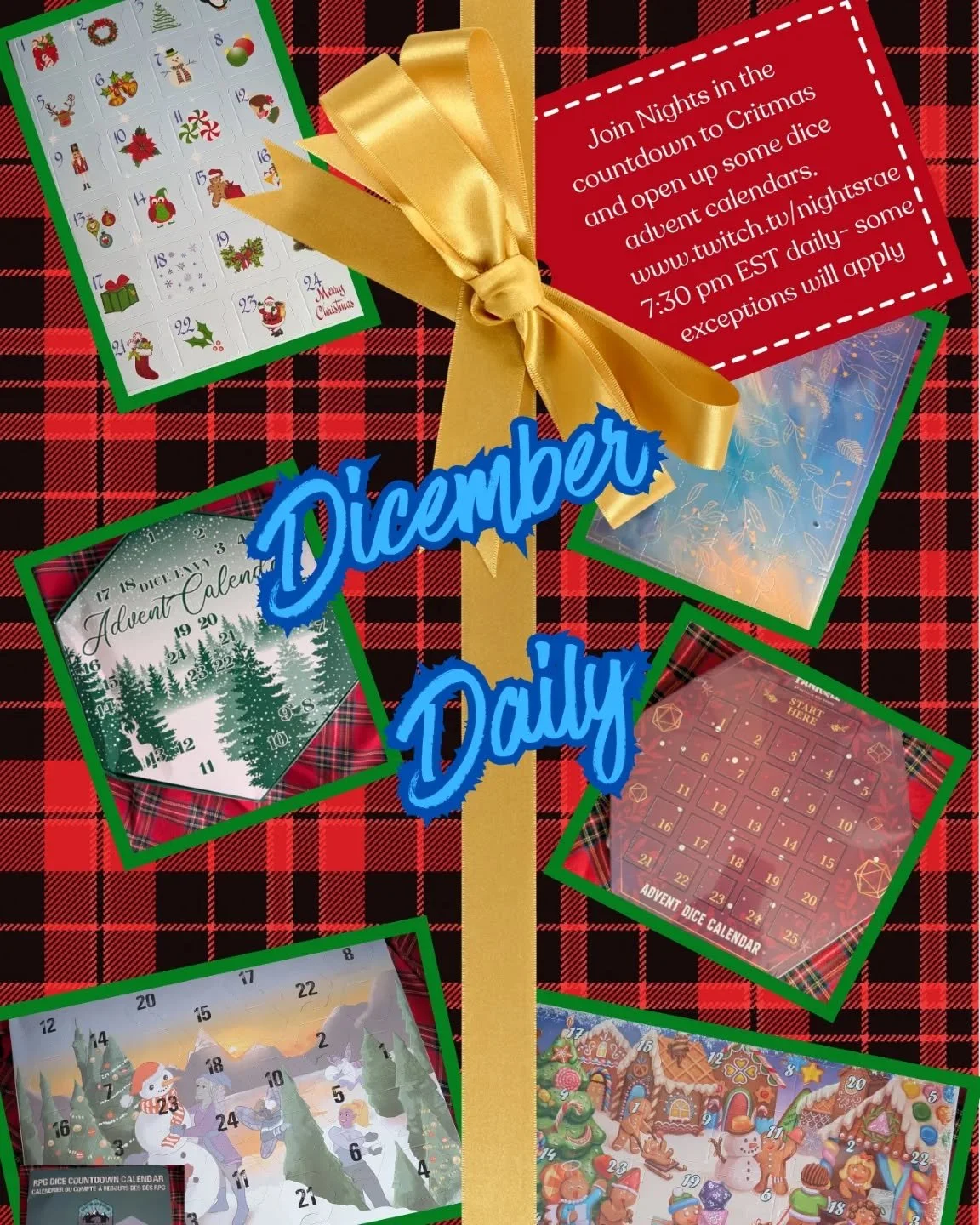 Join me in the countdown to #Critmas as I open #diceadventcalendar s from @fanrolldice , @adventuredice , @qworkshop_dice , @robinsnerdsupplies , @diceenvy , and a random one from Amazon. At 7:30 pm EST (most days, some time shifts due to holiday/fam