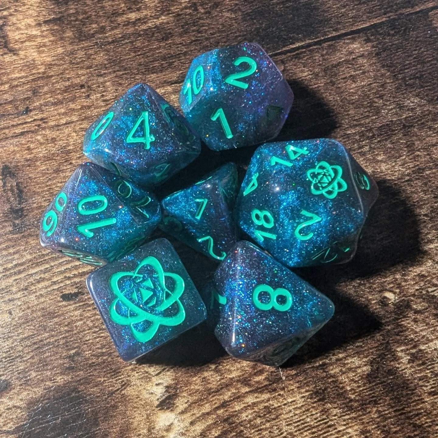 Very late with last week's #DiceDive #dice pic- Here are the awesome dice from @viridiandice and they are amazing! Love the sparkle! #cantwaittorollthese #allthedice #dicecollection #dicefordays #ilovedice #twitchstream #gmlikeagirl