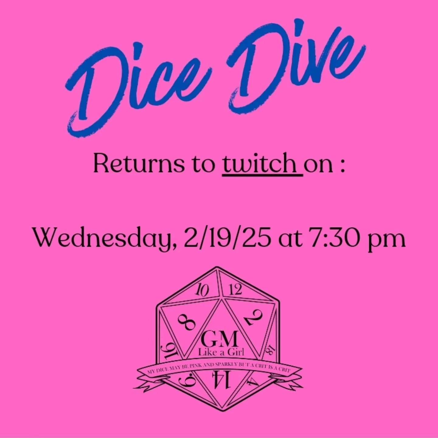 #DiceDive is returning at 7:30 pm EST on 2/19/25 at www.twitch.tv/nightsrae ! Come talk about #dice with me! #gmlikeagirl