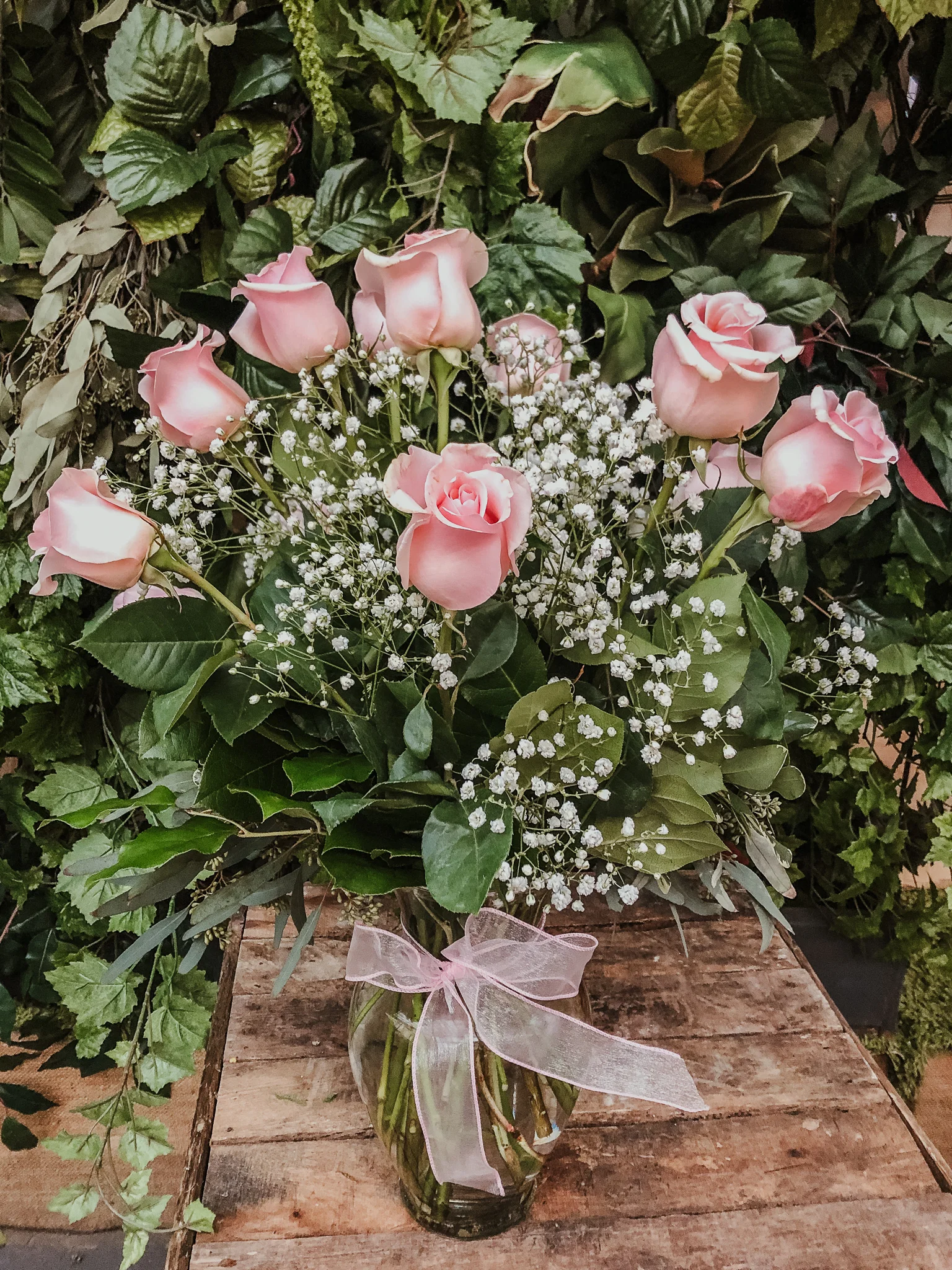 Dozen Pink Roses and Baby's Breath