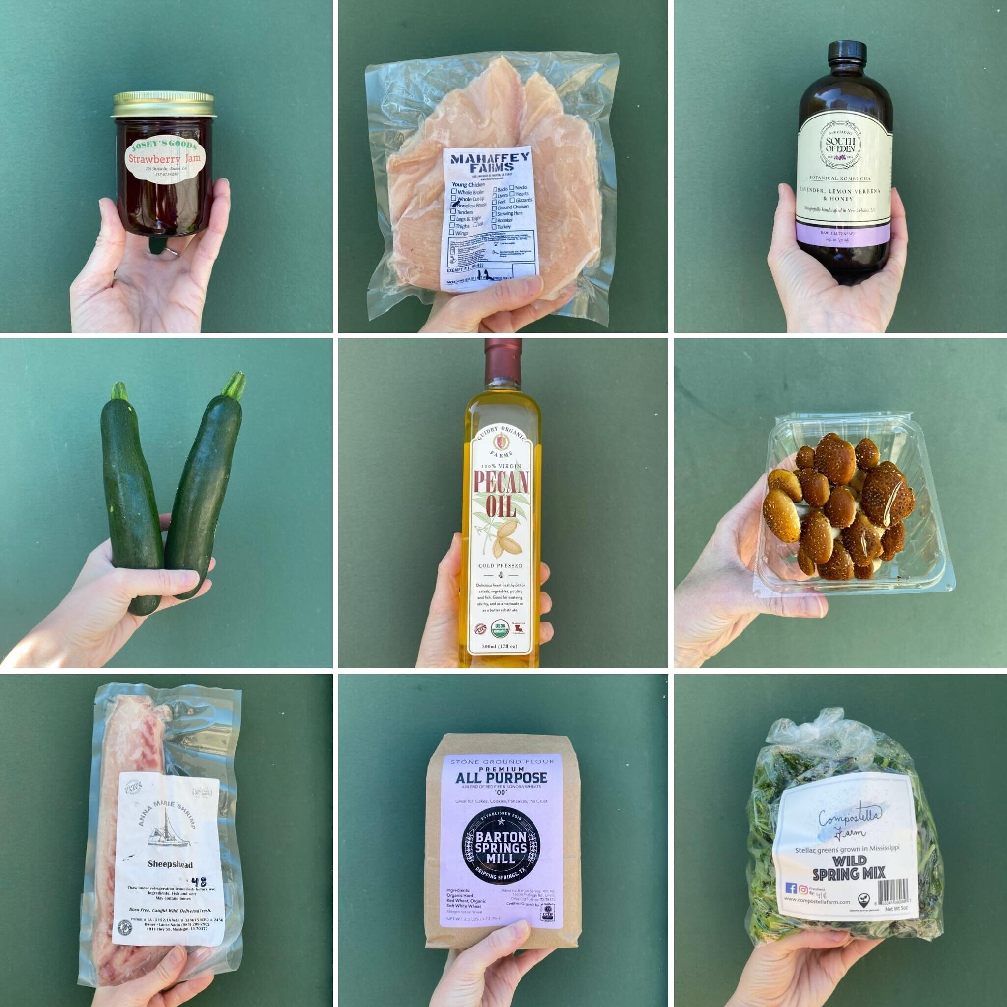 Nine of our featured local products right now&hellip;

Including restocked chicken and fish, spring greens, zucchini, gourmet mushrooms, a larger bargain size of cold pressed pecan oil, strawberry jam, kombucha and more.

Come see us in Metairie on t