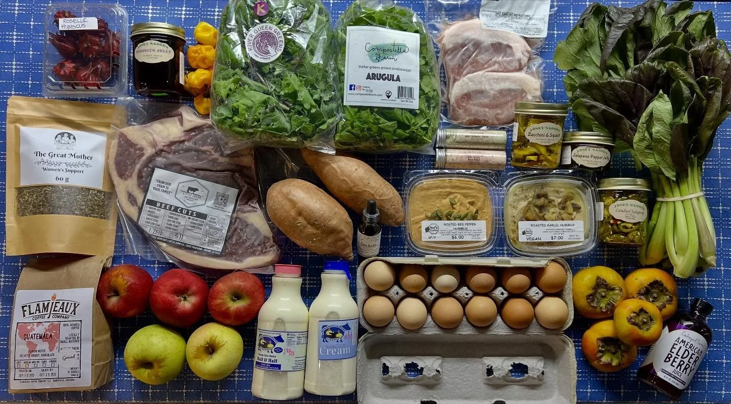 Even more fall vibes this week!

Lots of greens (salad, braising and micros), apples, persimmons, muscadine grapes, herbs, radishes, squash and sweet potatoes plus roselle hibiscus in the produce realm.

There&rsquo;s also plenty of pastured eggs, po
