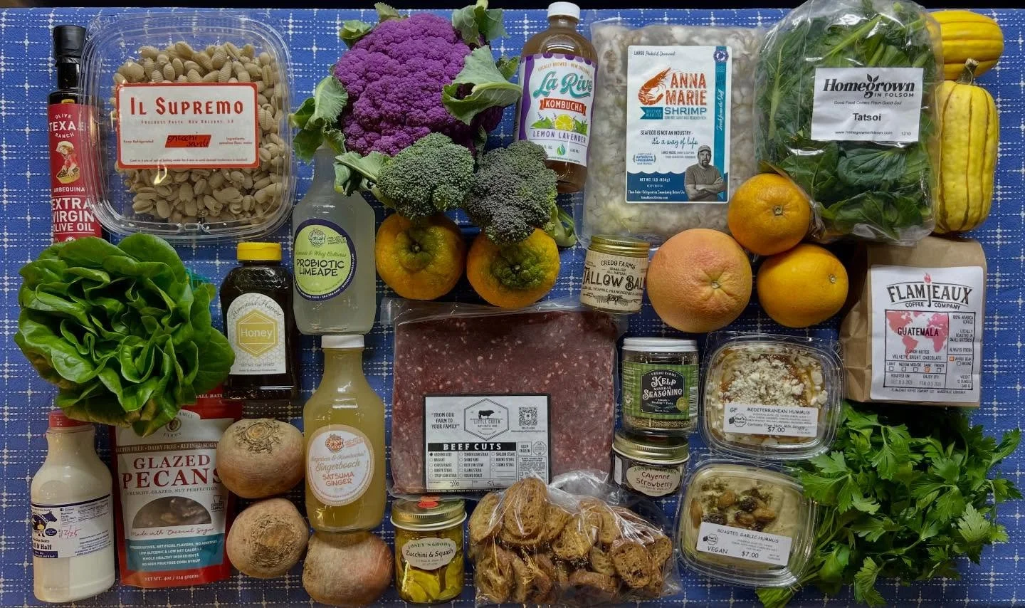 Just gorgeous food for you this week!

Beautiful produce, lots of proteins (beef, pork, chicken, goat meat, Gulf seafood and tofu), coffee, kombucha, hummus, pasta, jams, jellies and pickles, olive and pecan oil, vinegars, honey and maple syrup and l