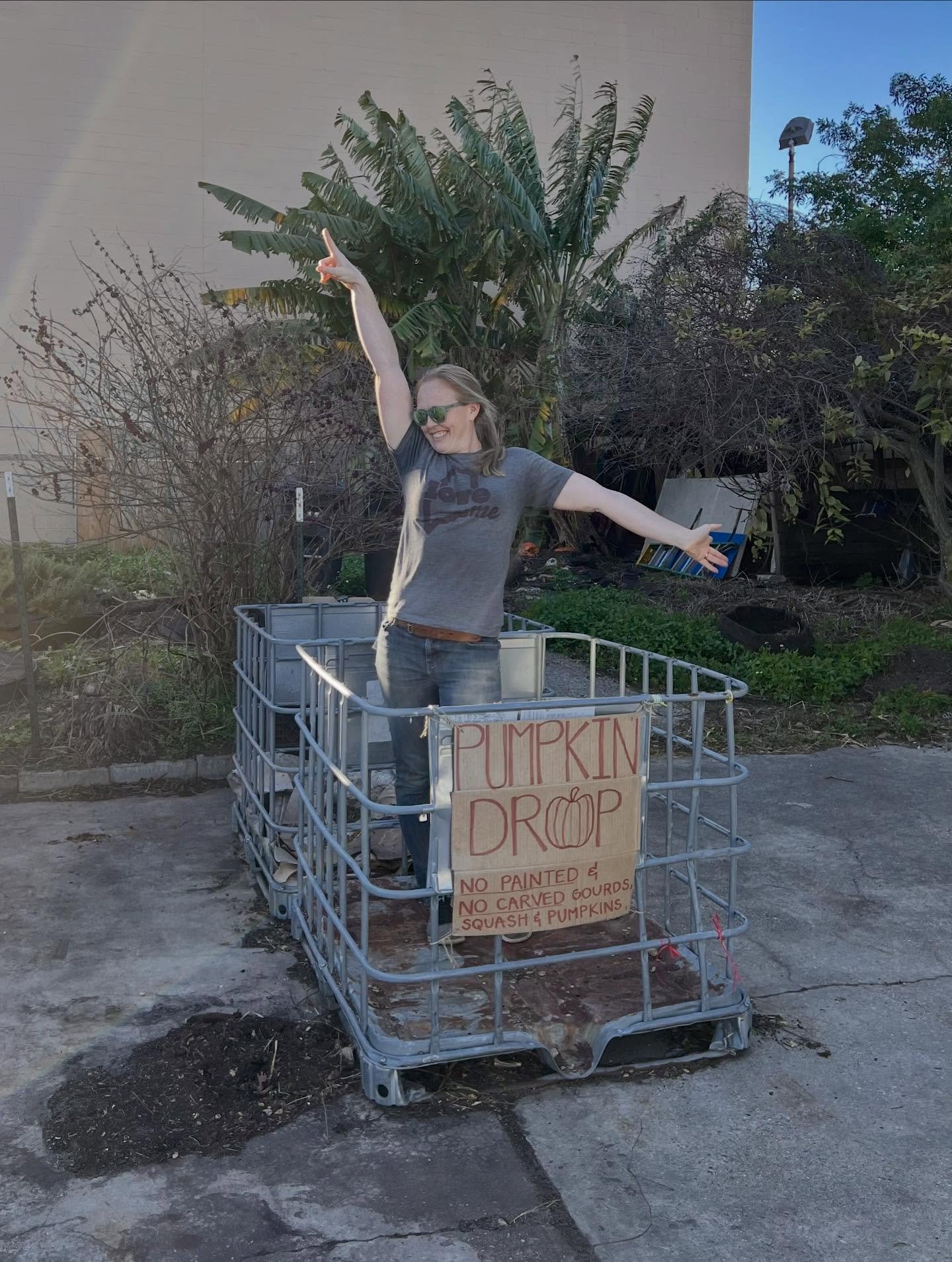 Pumpkin bin is officially empty! Last load up Monday, last unload this morning!

Thank you for a great pumpkin season &mdash; the goats, pigs and chickens ate their weight in pumpkins as usual and seemed to enjoy every bite!

It usually takes us thro