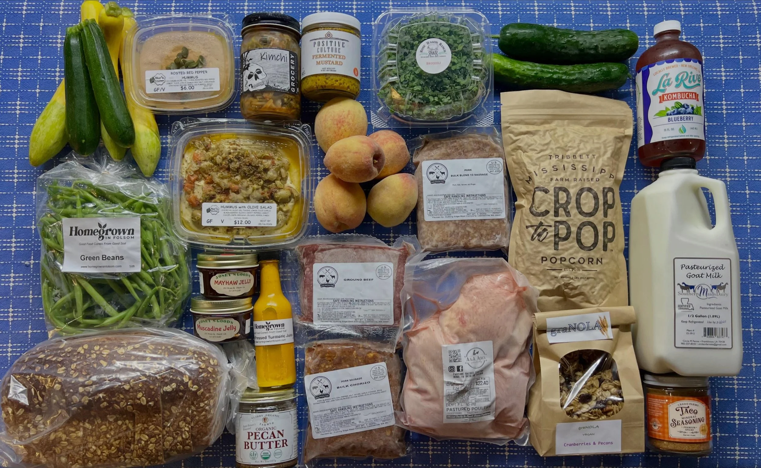Peaches and potatoes and green beans in the house!

Plus Crop to Pop-corn and GraNOLA are back in stock, along with hummus, more chorizo and breakfast sausage, ground beef, microgreens, fermented mustard, kimchi, cold pressed turmeric juice, honey oa