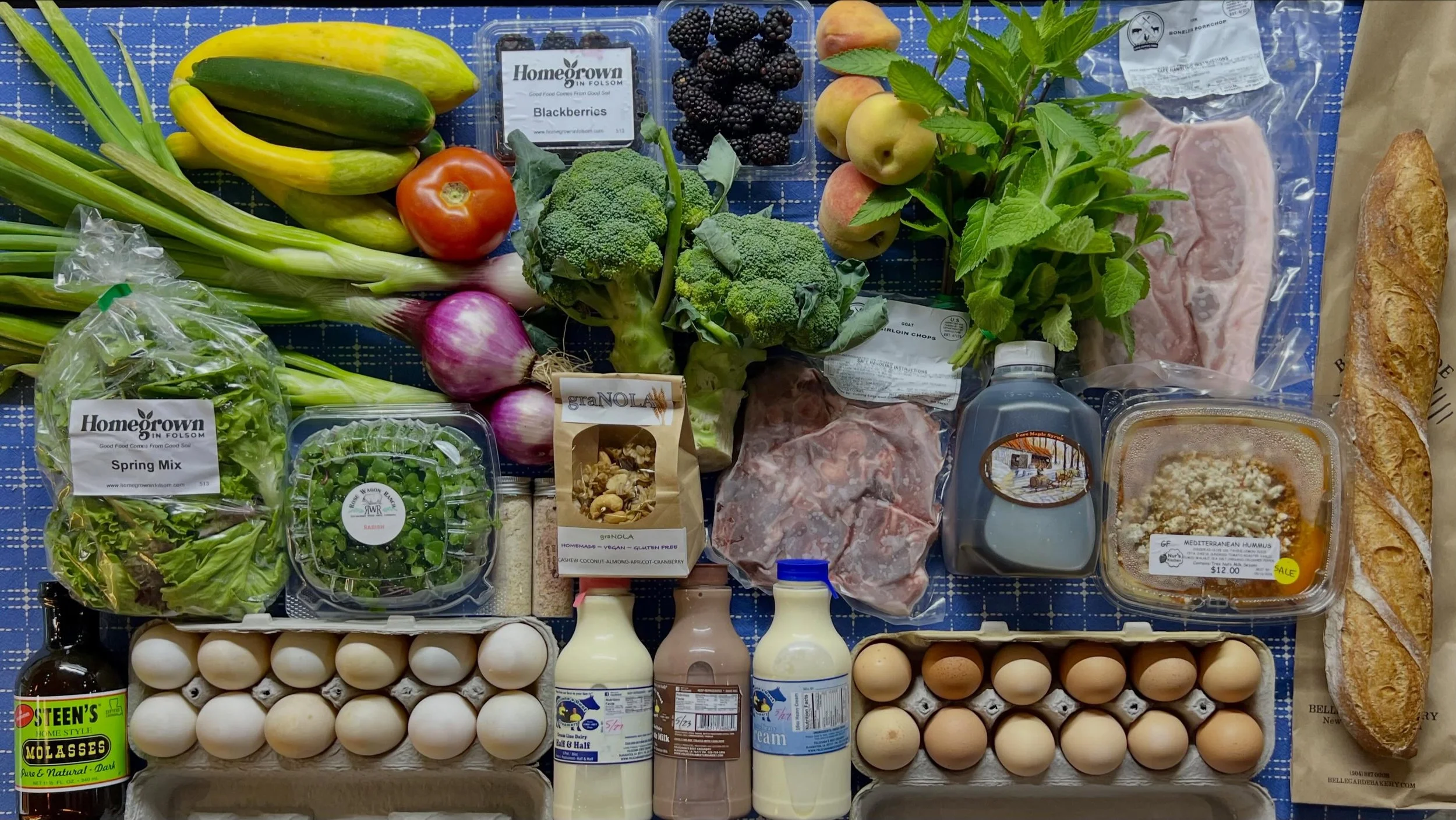 The produce situation is especially abundant right now! Blackberries and peaches, broccoli and cauliflower, green beans, fennel, squash and zucchini, potatoes, salad greens and root veggies galore.

Ground chicken from A&amp;A Acres is back in stock 