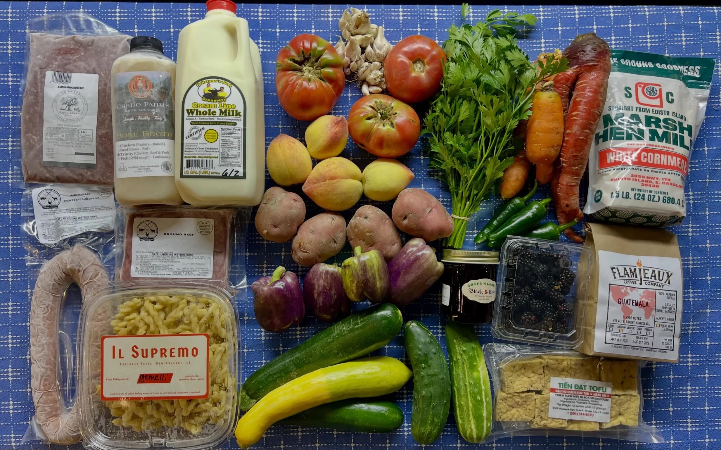Gorgeous local food again this week with more blackberries, peaches and tomatoes, last call for Compostella Farm carrots after a long season, cucumbers and squashes, the return of tofu and Credo Farms bone broth, plus fresh pasta, pastured and grassf