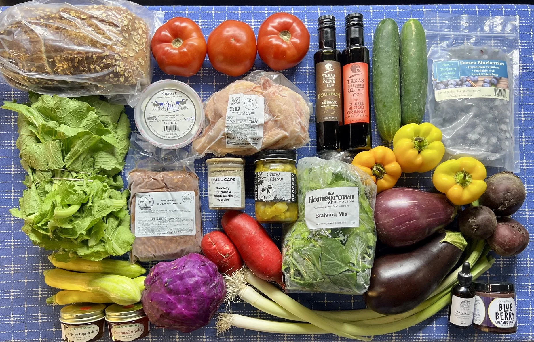 Muscadine Grapes, Greens, Tomatoes, Peppers, Eggplant, Stone-Milled Flour, Goat Dairy, Eggs, Lots of Chicken, Pork &amp; More!