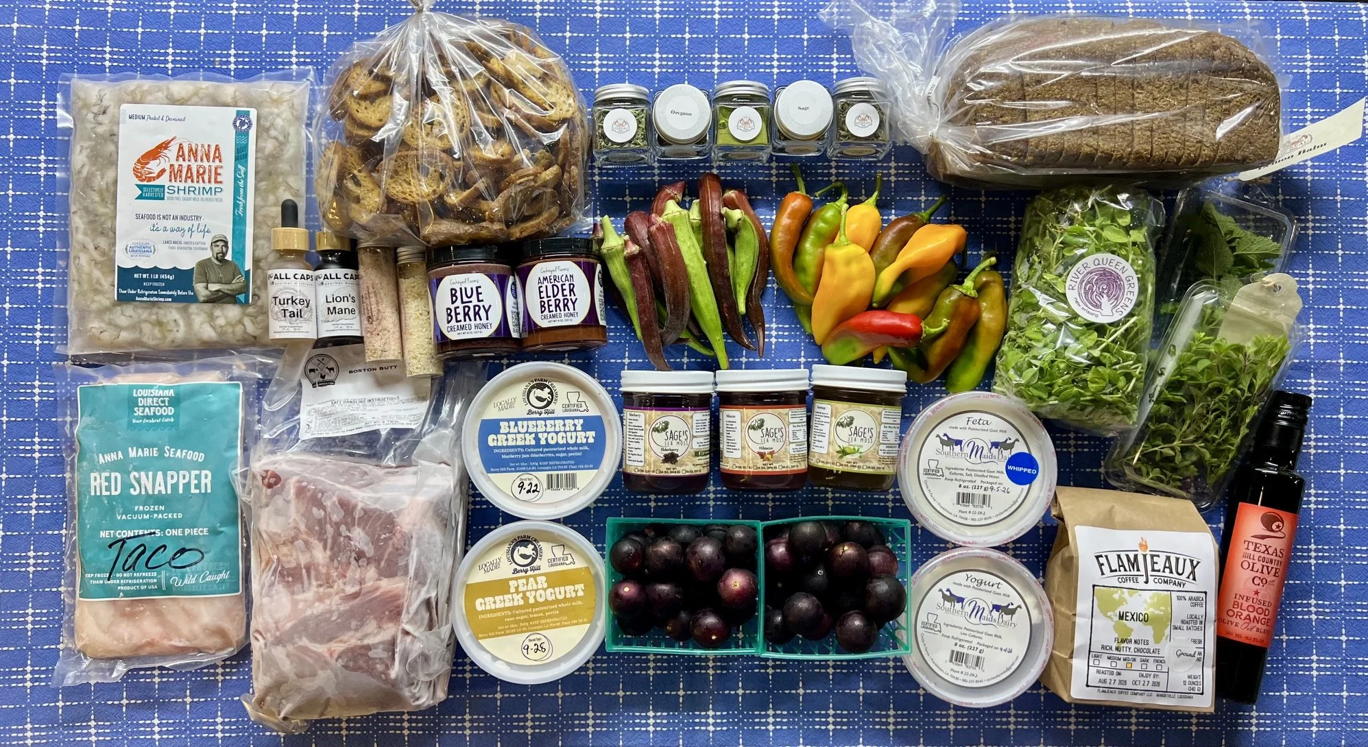 Ground Beef &amp; Buffalo, Bacon, Shrimp &amp; Red Snapper, Sea Moss &amp; SereniTEA, Muscadines, Okra, Peppers, Herbs, Salad Greens, Eggs &amp; More!
