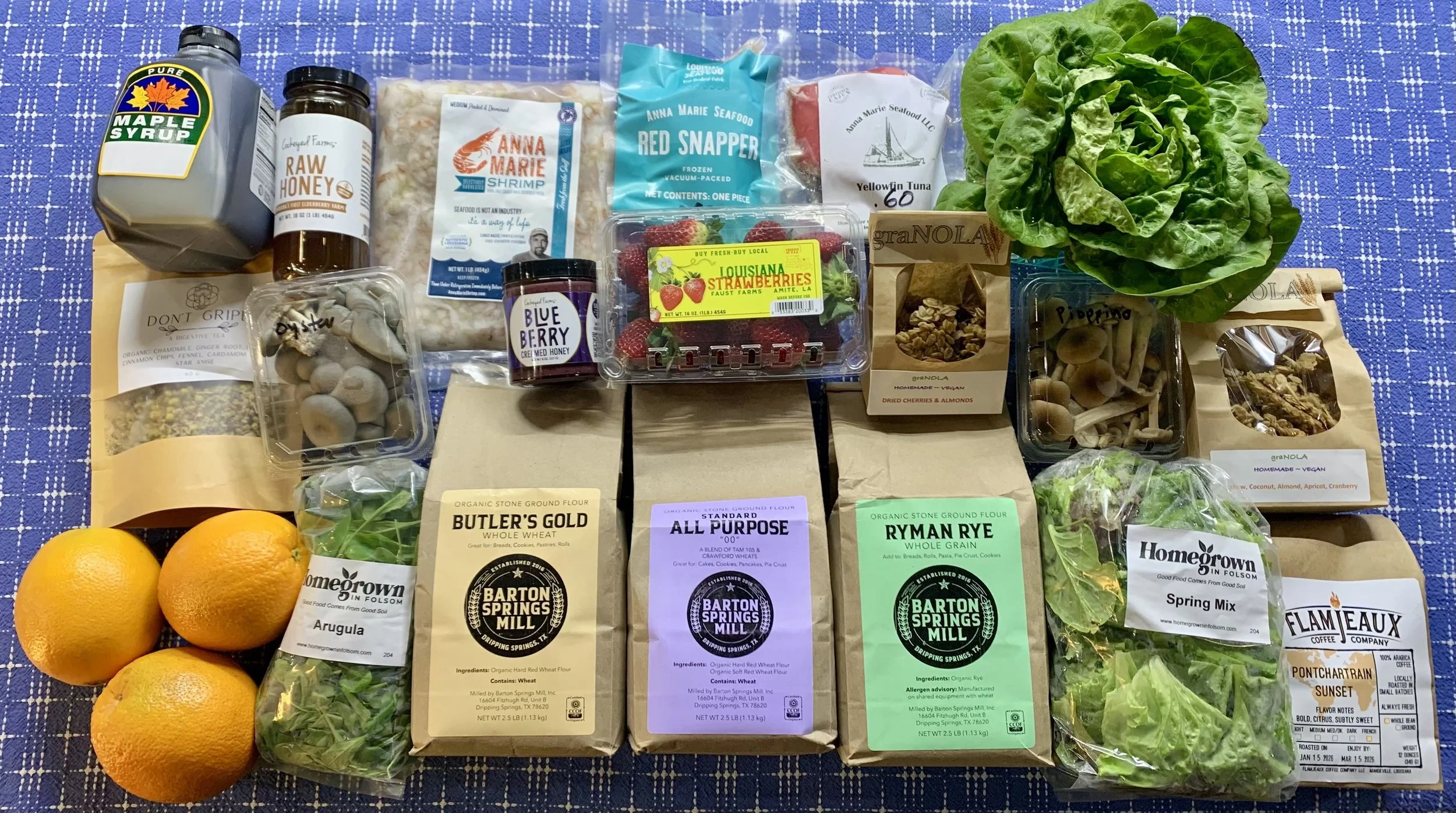 Shrimp, Snapper &amp; Smoked Tuna, Fresh-Milled Flour, Strawberries, Gingerbooch, Grassfed Beef &amp; Goat, Pastured Chicken &amp; Pork, Eggs &amp; More!