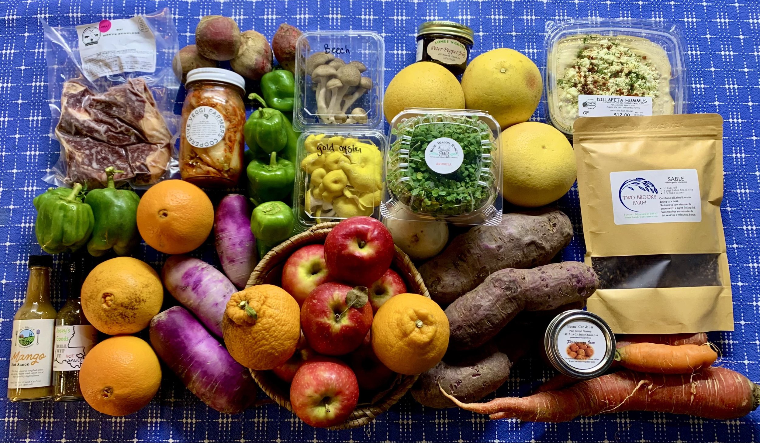 Lots of Beef, Chicken &amp; Goat Meat, Eggs, Goat Cheeses, Hummus, Tofu, Cold Hardy Veggies, Citrus, Apples &amp; More!