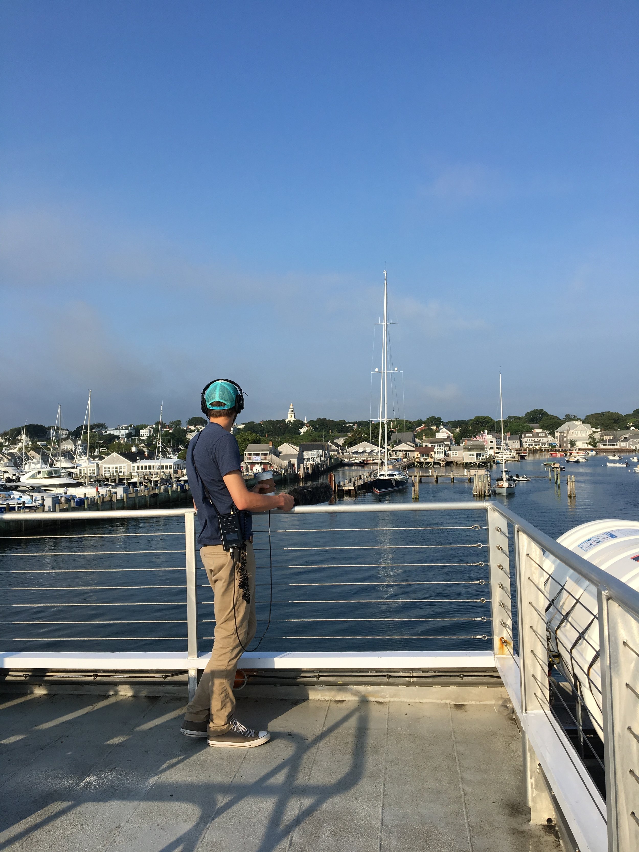  Senior Producer Taylor Quimby on the boat from Nantucket, trying to capture ferry sounds (that never happened). 