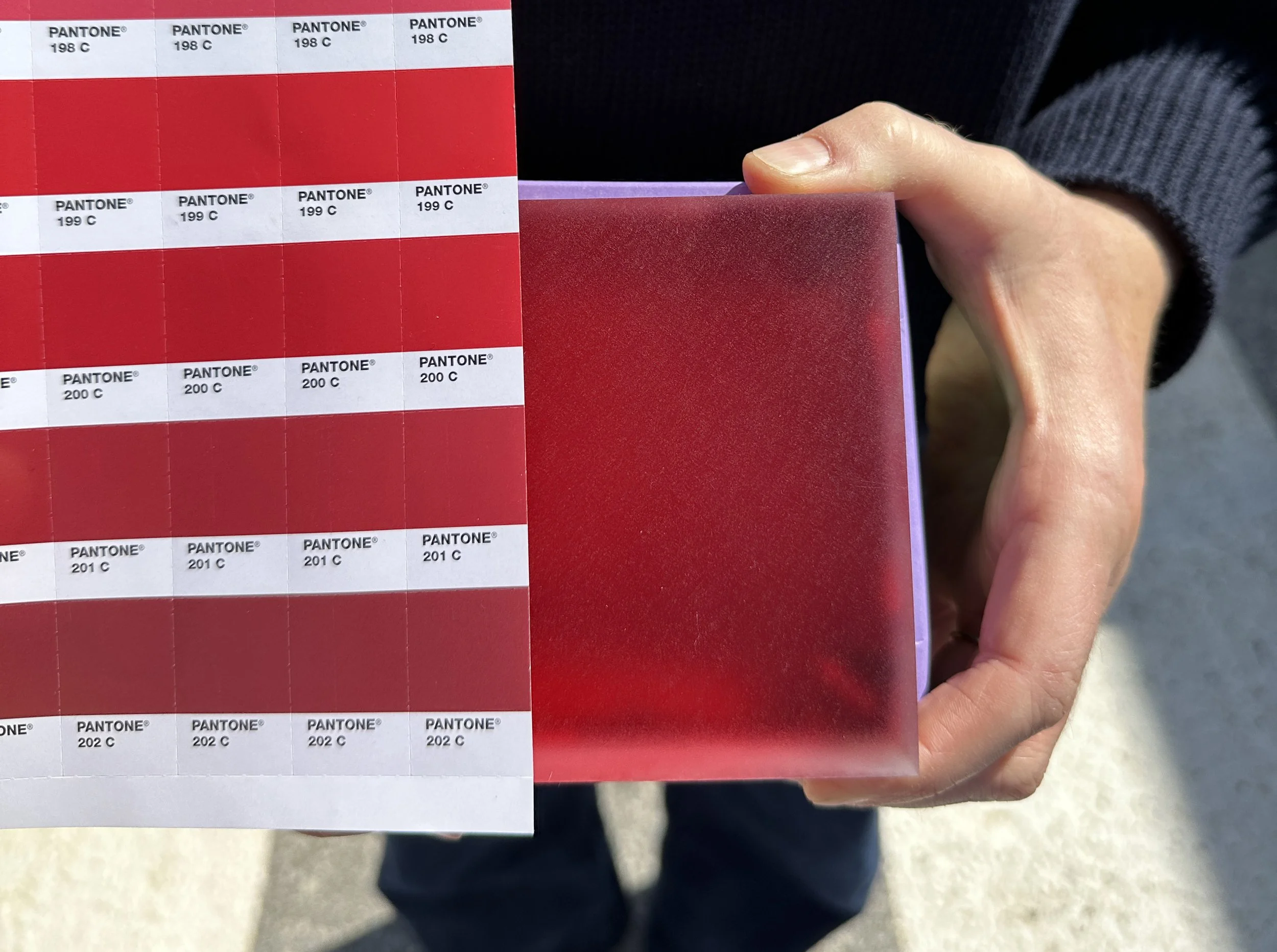  Resin color samples we studies in a variety of lighting conditions to get the closest color match to the University of Oklahoma’s brand colors.  