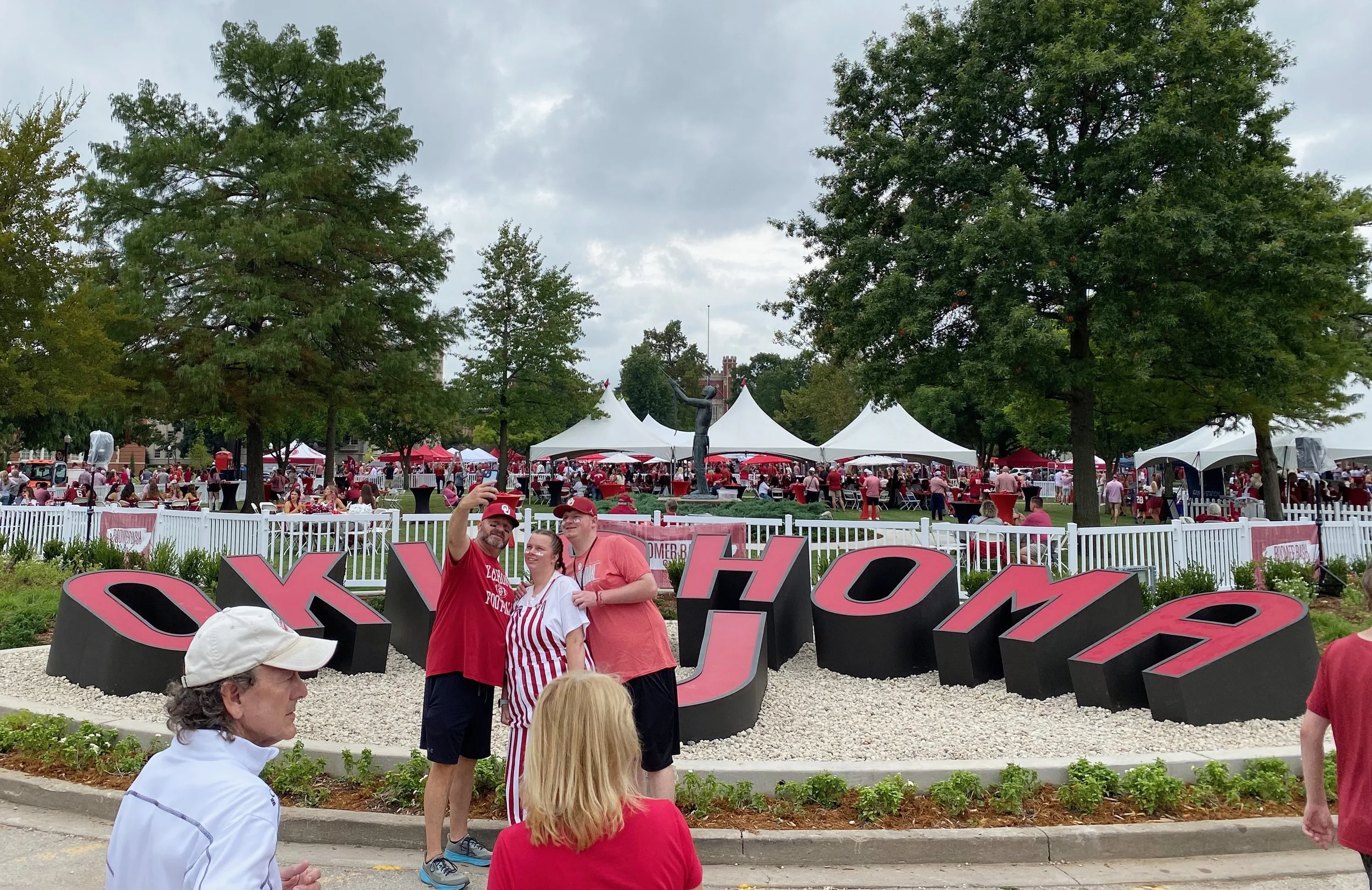  The Oklahoma U letters are a selfie destination for those tailgating at Parrington Oval before games. The angle and heights of the letters were carefully considered for visibility by pedestrians, drivers, and photographers. The center A &amp; H are 