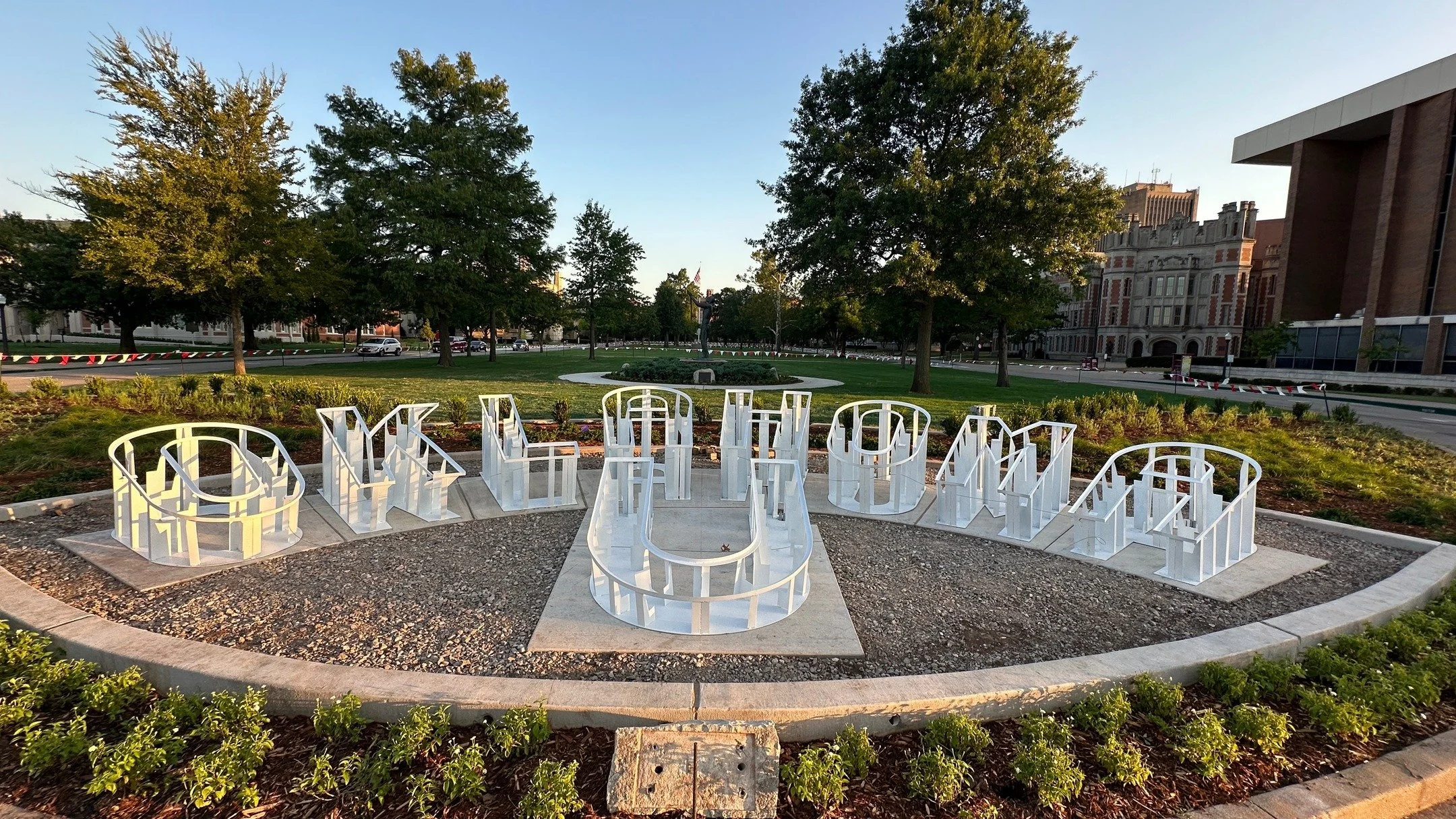 Work on the &ldquo;	OKLAHOMA U&rsquo; letters for the @uofoklahoma continues. LAUD developed a base framework that will be covered by an outer shell. The system allows for the exterior shells to be removed periodically for maintenance. The next phase