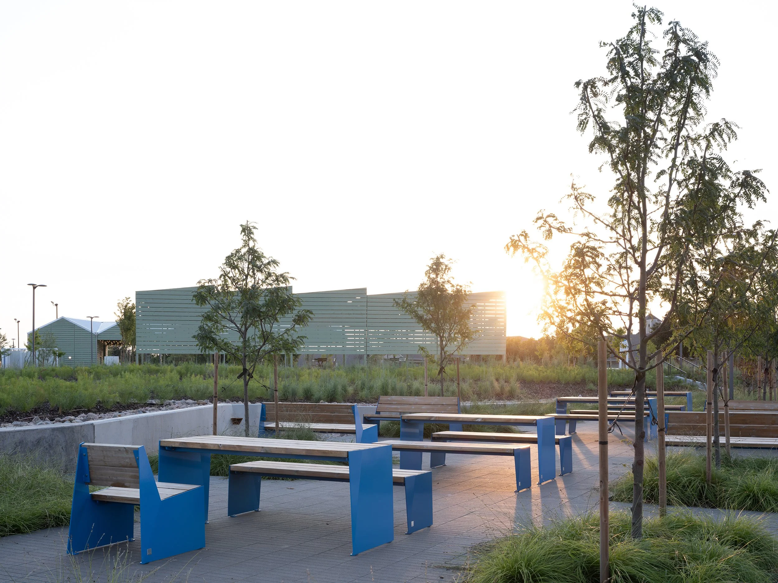  Food truck parking along Vineyard Drive is connected to a Lower Plaza with picnic tables surrounded by shade trees. 