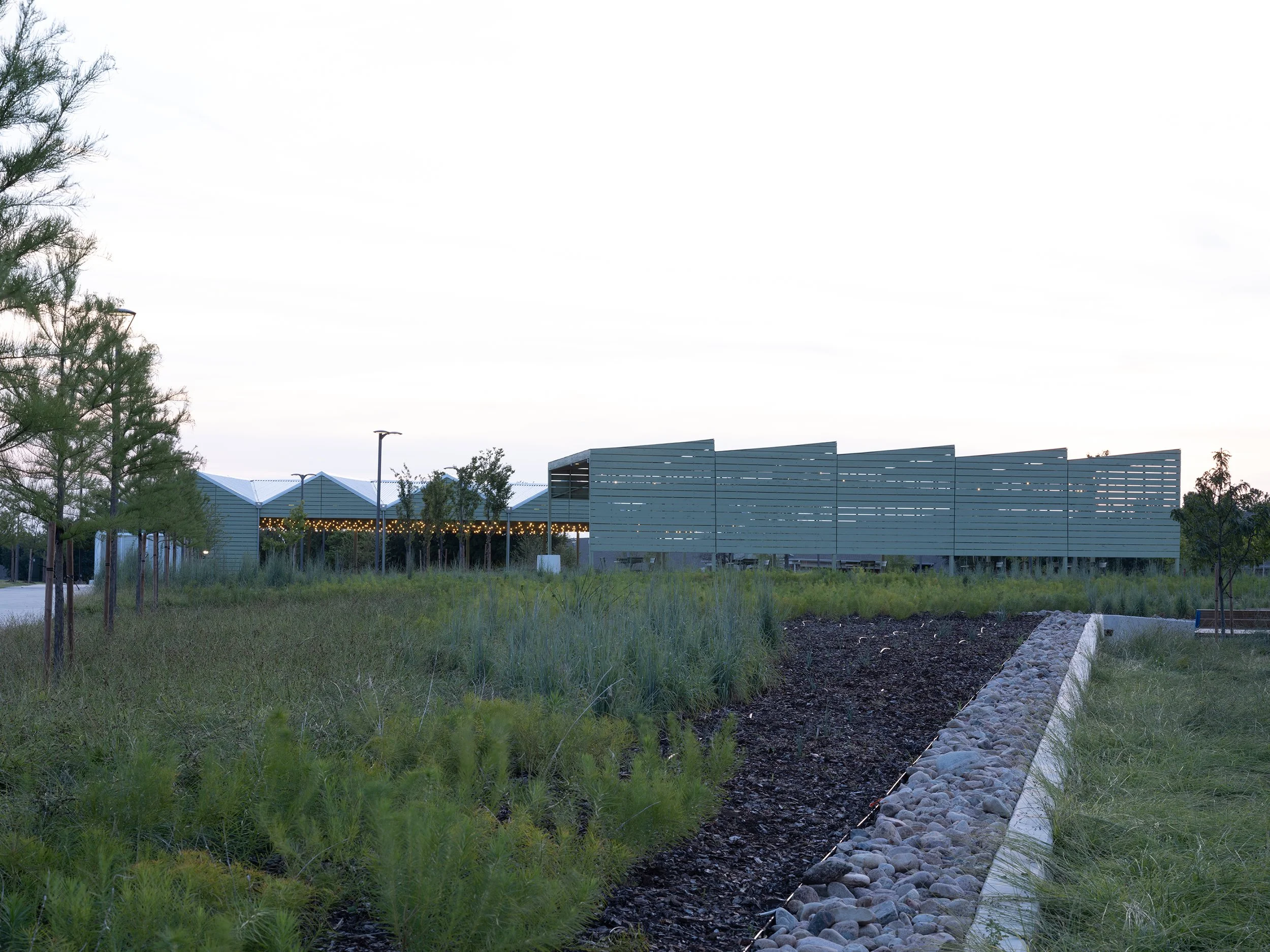  Cladding on the back of the Civic Pavilion screens views of parking lots to the east and directs focus into the Civic Plaza. Sunlight filters between the boards casting shifting shadows throughout the day. A slope of prairie grasses and perennial fl