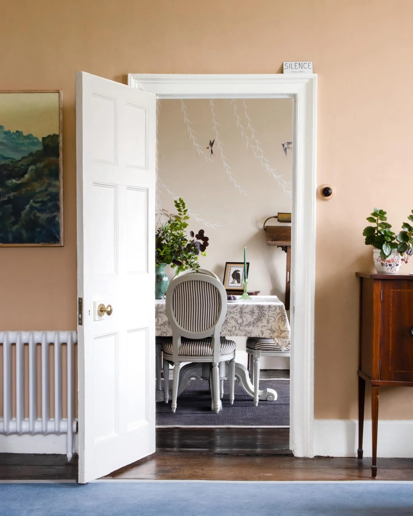 The house is so full of space that we&rsquo;ve no trouble at all finding a spot for everything. There are three of my favourite ever finds in this picture.
- The &lsquo;Silence at all times&rsquo; sign came from a manor house project I worked on that