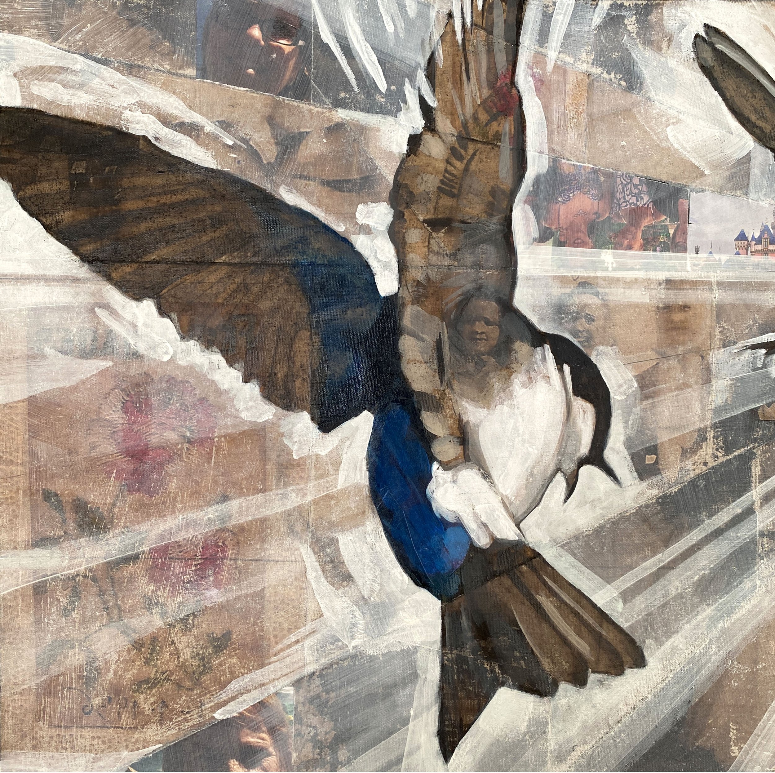 DETAIL “Andorinhas de Angela” - 48 in x 48 in, Mixed media on canvas, (Price for a similar commission: u$ 6,500) At first sight, a flock of swallows. After a closer look, you find one’s life story hidden in plain sight: a mosaic of family e