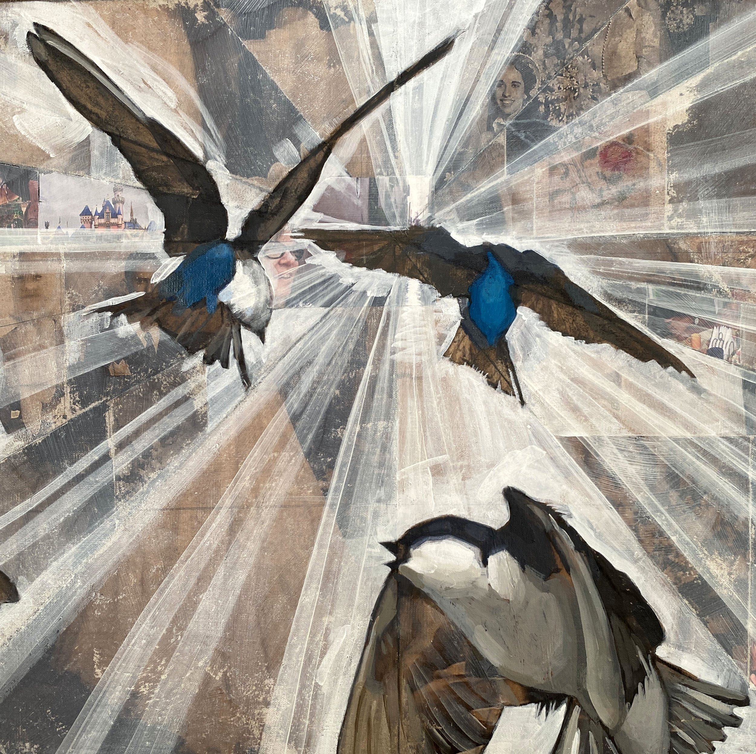 DETAIL “Andorinhas de Angela” - 48 in x 48 in, Mixed media on canvas, (Price for a similar commission: u$ 6,500) At first sight, a flock of swallows. After a closer look, you find one’s life story hidden in plain sight: a mosaic of family events