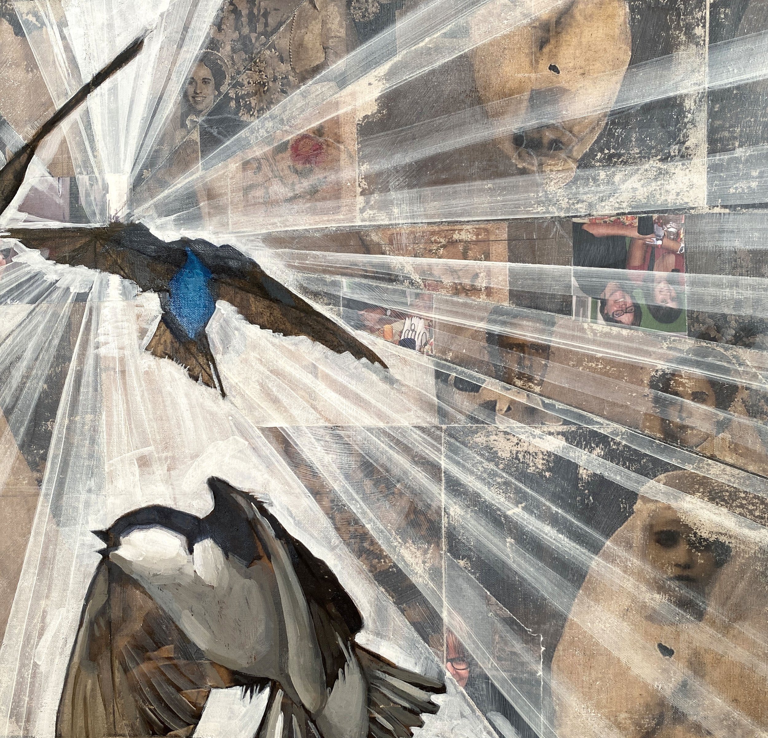 DETAIL “Andorinhas de Angela” - 48 in x 48 in, Mixed media on canvas, (Price for a similar commission: u$ 6,500) At first sight, a flock of swallows. After a closer look, you find one’s life story hidden in plain sight: a mosaic of family events