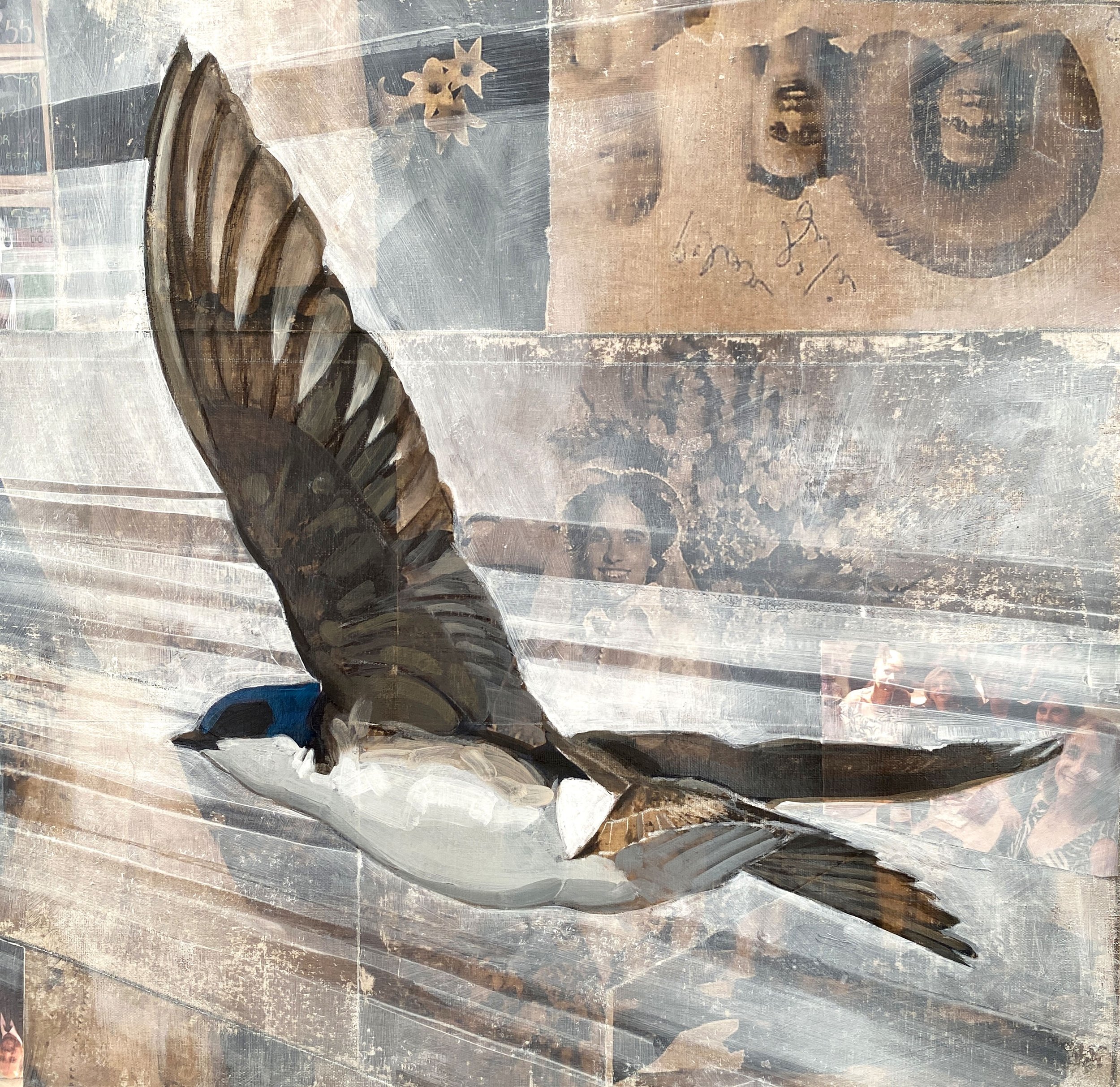 DETAIL “Andorinhas de Angela” - 48 in x 48 in, Mixed media on canvas, (Price for a similar commission: u$ 6,500) At first sight, a flock of swallows. After a closer look, you find one’s life story hidden in plain sight: a mosaic of family events